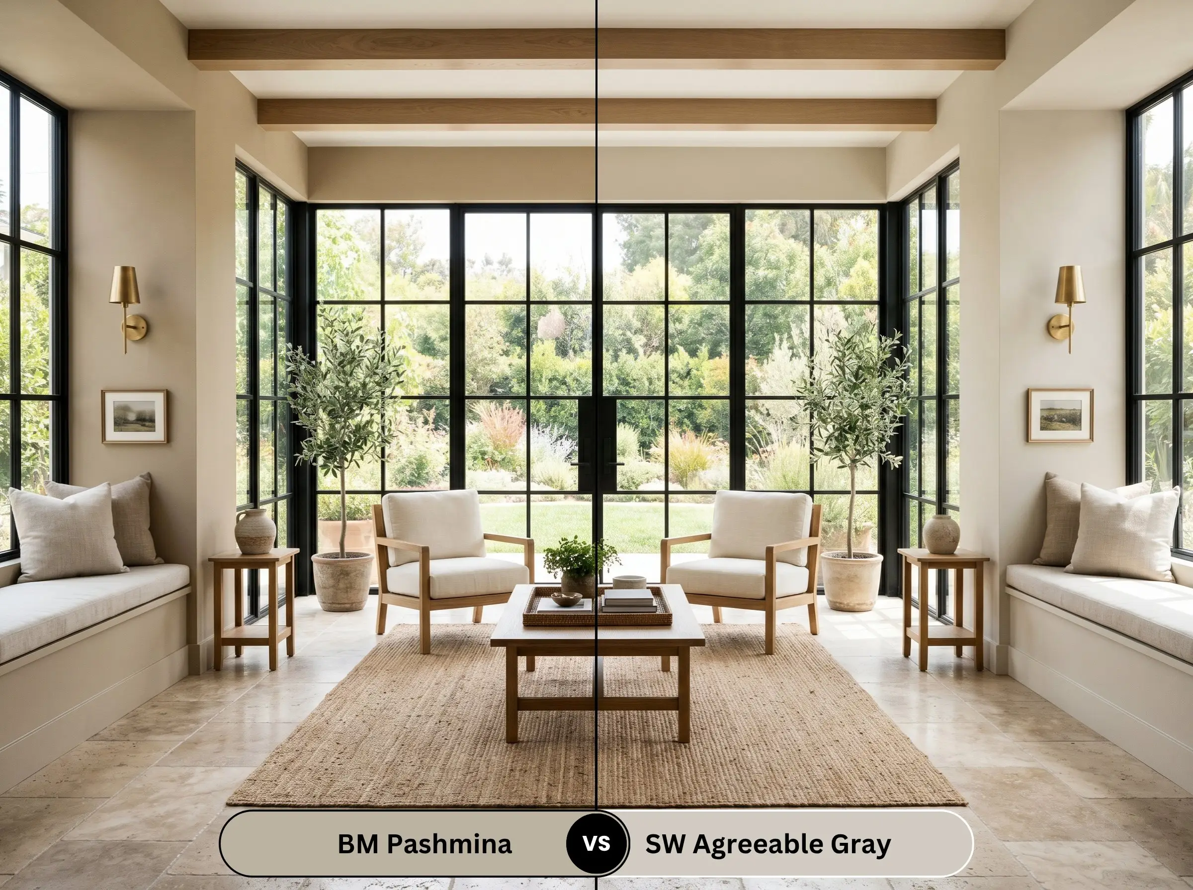 A side-by-side split-screen comparison of Benjamin Moore Pashmina on the left and Sherwin-Williams Agreeable Gray on the right, shown in a bright sunroom with tumbled travertine flooring.