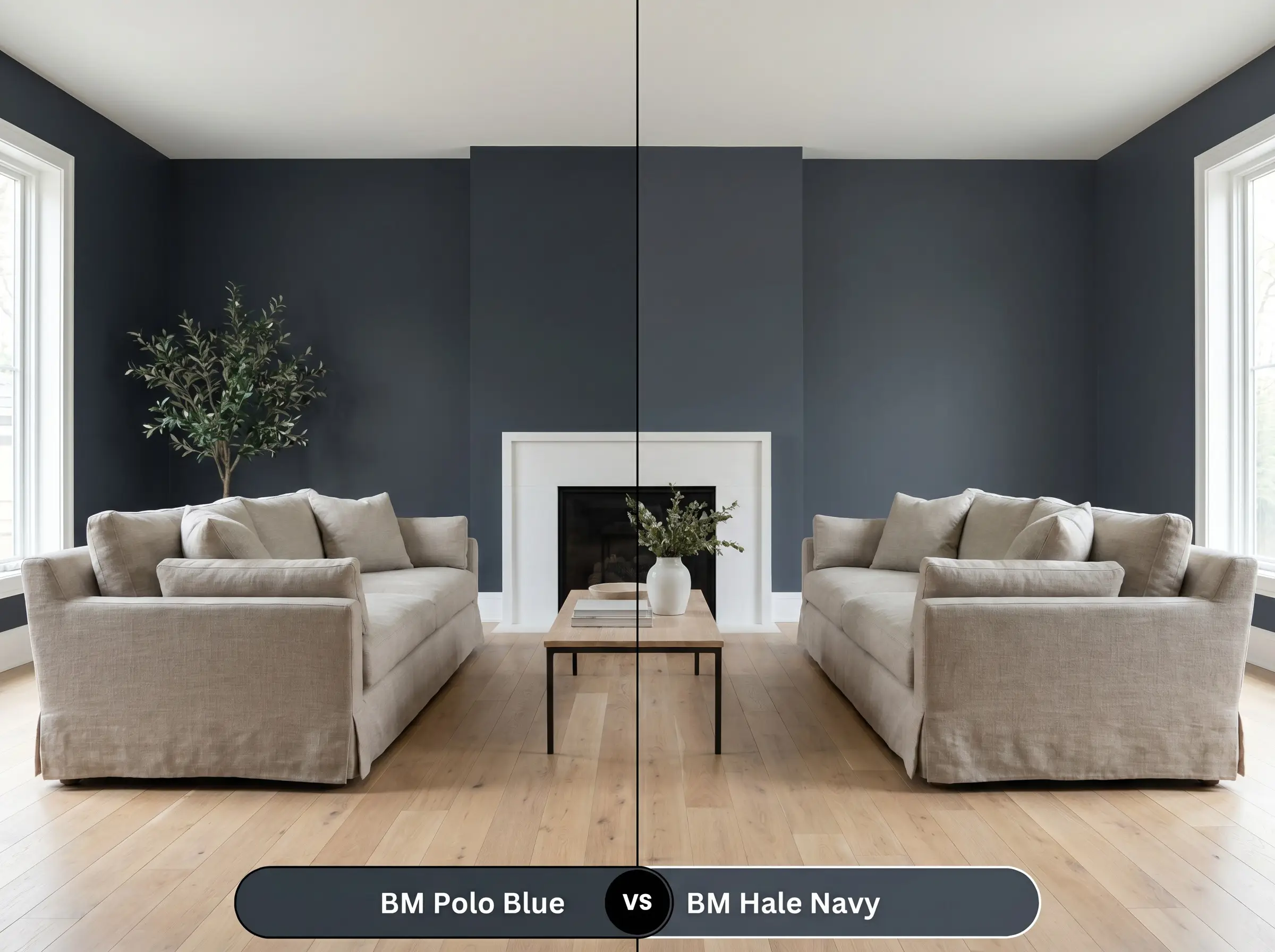 A side-by-side split-screen comparison of Benjamin Moore Polo Blue on the left and Benjamin Moore Hale Navy on the right, shown in a transitional living room with a heavy linen sofa.