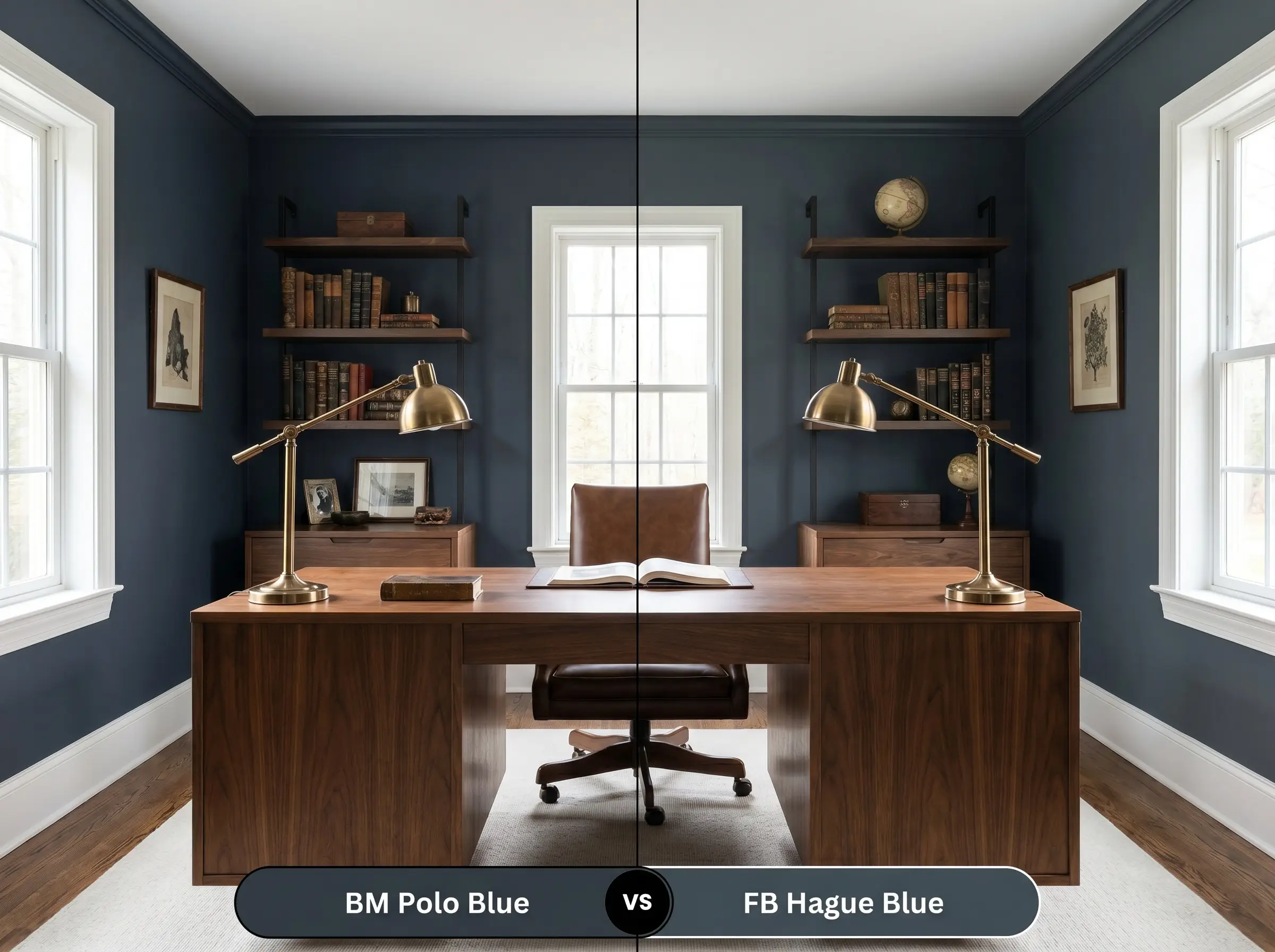A side-by-side split-screen comparison of Benjamin Moore Polo Blue on the left and Farrow & Ball Hague Blue on the right, shown in a classic home office with a walnut desk.