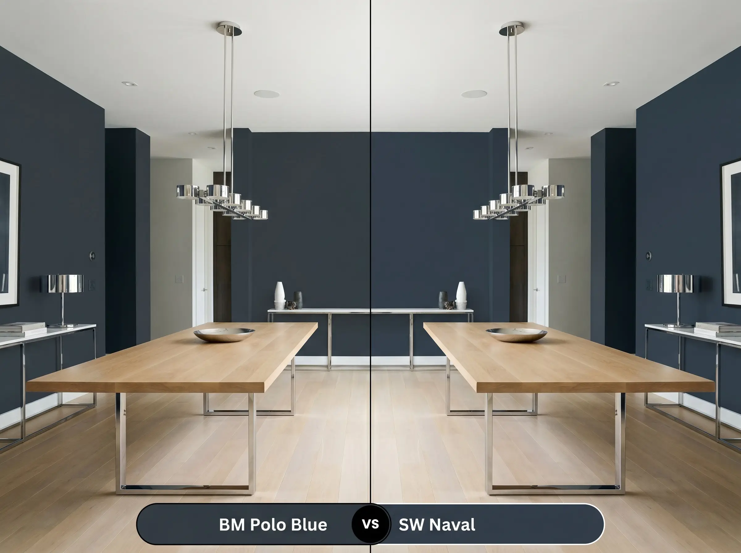 A side-by-side split-screen comparison of Benjamin Moore Polo Blue on the left and Sherwin-Williams Naval on the right, shown in a modern dining room with polished chrome fixtures.