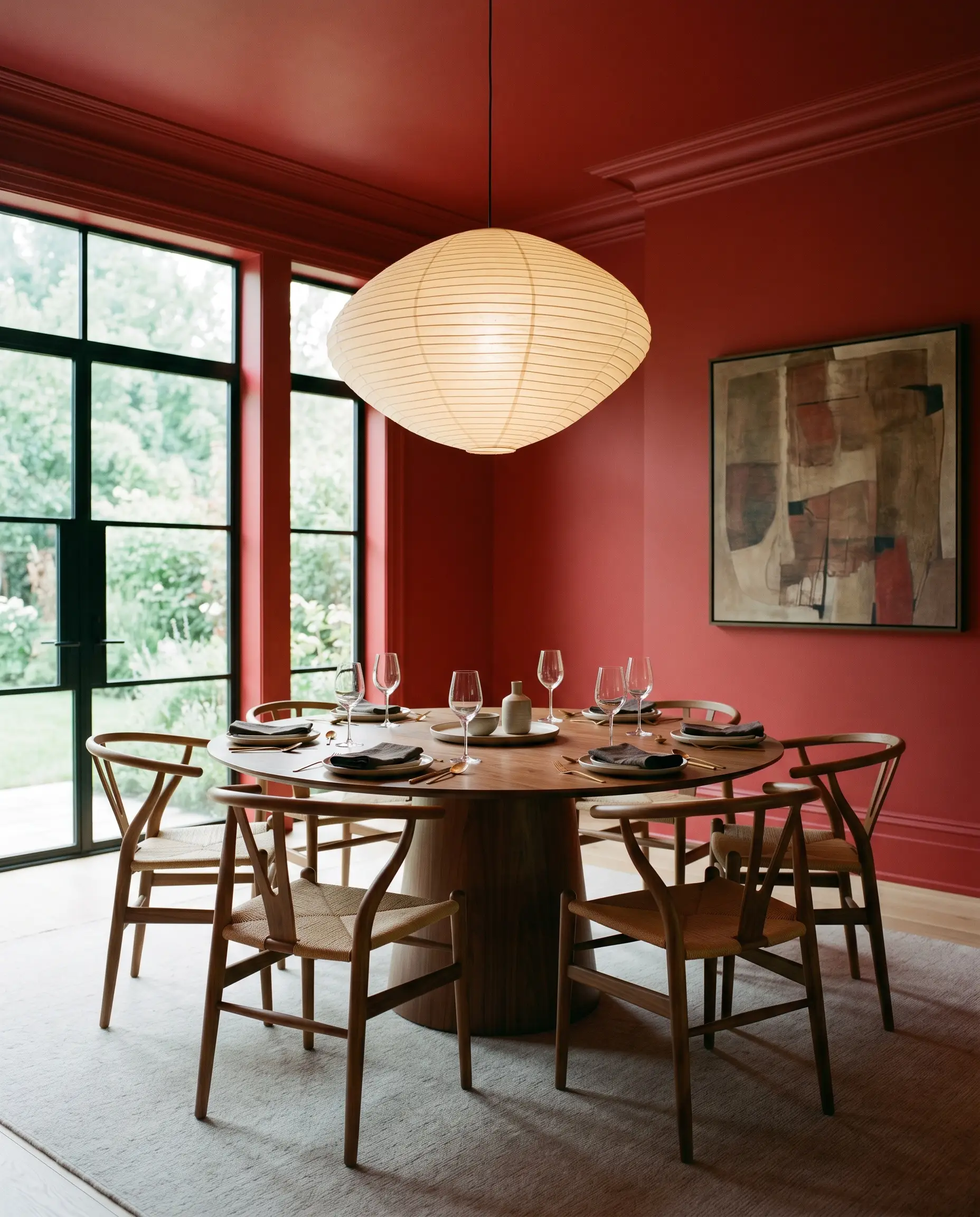 A formal dining room drenched in Benjamin Moore Red (Hex #C92E2E) showcases a sleek walnut pedestal table surrounded by cane-backed wishbone chairs under an oversized paper lantern.
