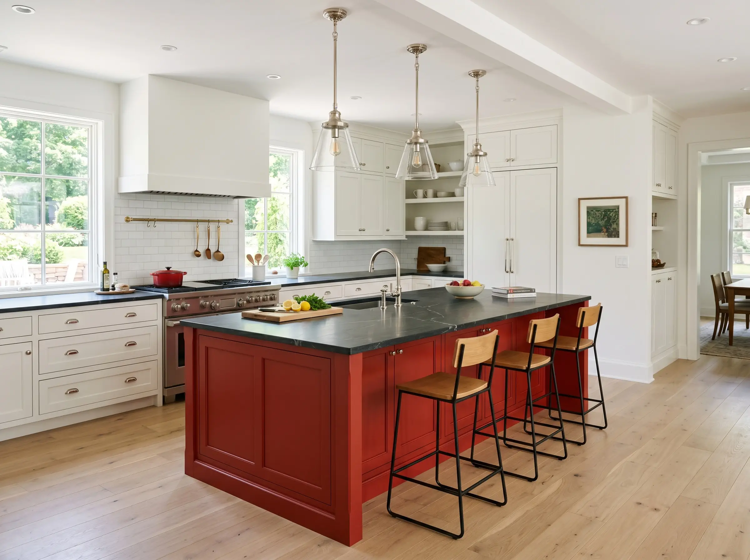 A spacious culinary kitchen centers around a Benjamin Moore Red island topped with a dark honed soapstone counter and suspended polished nickel pendants.