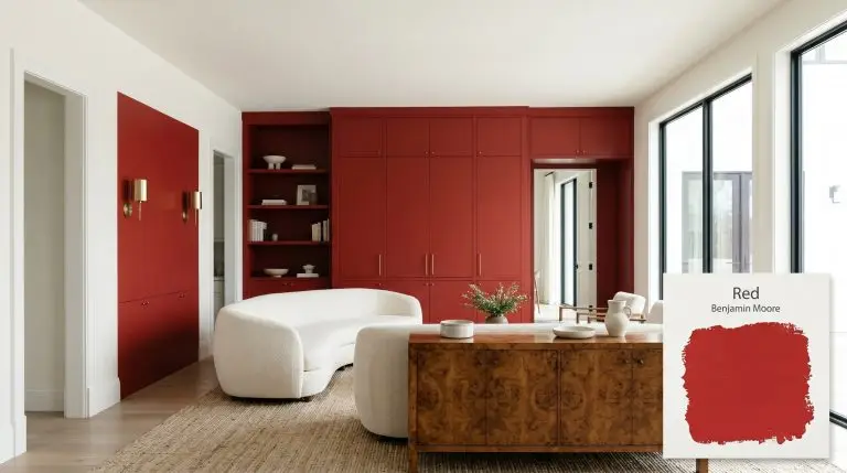 A contemporary open-plan living space features built-ins painted in Benjamin Moore Red (Hex #C92E2E) behind a creamy boucle curved sofa and vintage burl wood credenza.