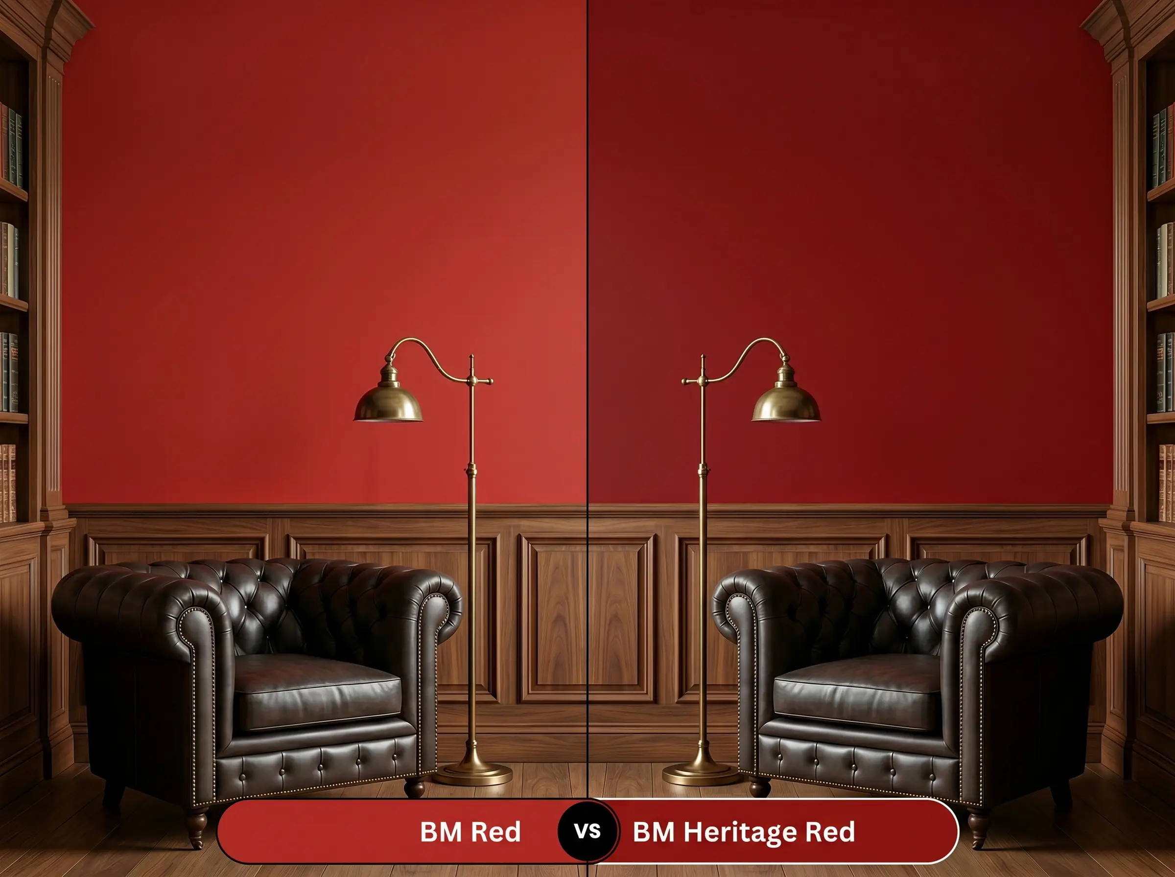 A side-by-side split-screen comparison of Benjamin Moore Red on the left and Benjamin Moore Heritage Red on the right, shown in a classic library with a dark leather armchair and walnut wainscoting.