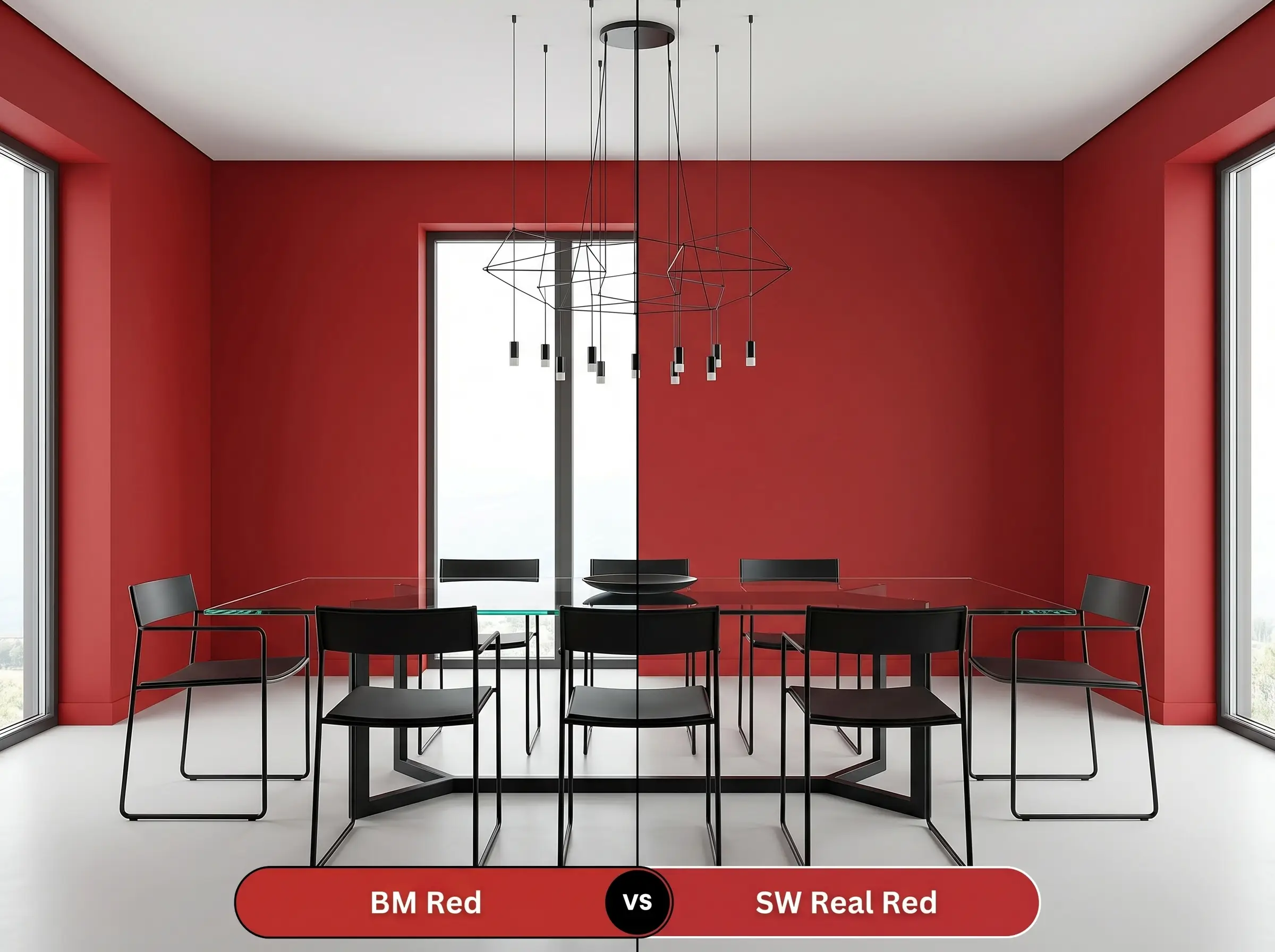 A side-by-side split-screen comparison of Benjamin Moore Red on the left and Sherwin-Williams Real Red on the right, shown in a modern dining room with a sleek glass table and black steel chairs.