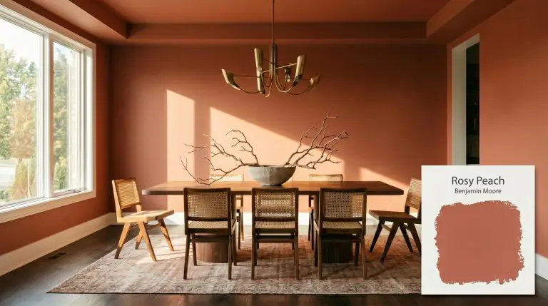 A walnut pedestal table and cane-back chairs sit on dark hardwood floors in a sunbaked organic modern dining room painted in Benjamin Moore Rosy Peach (Hex #B55E4F).