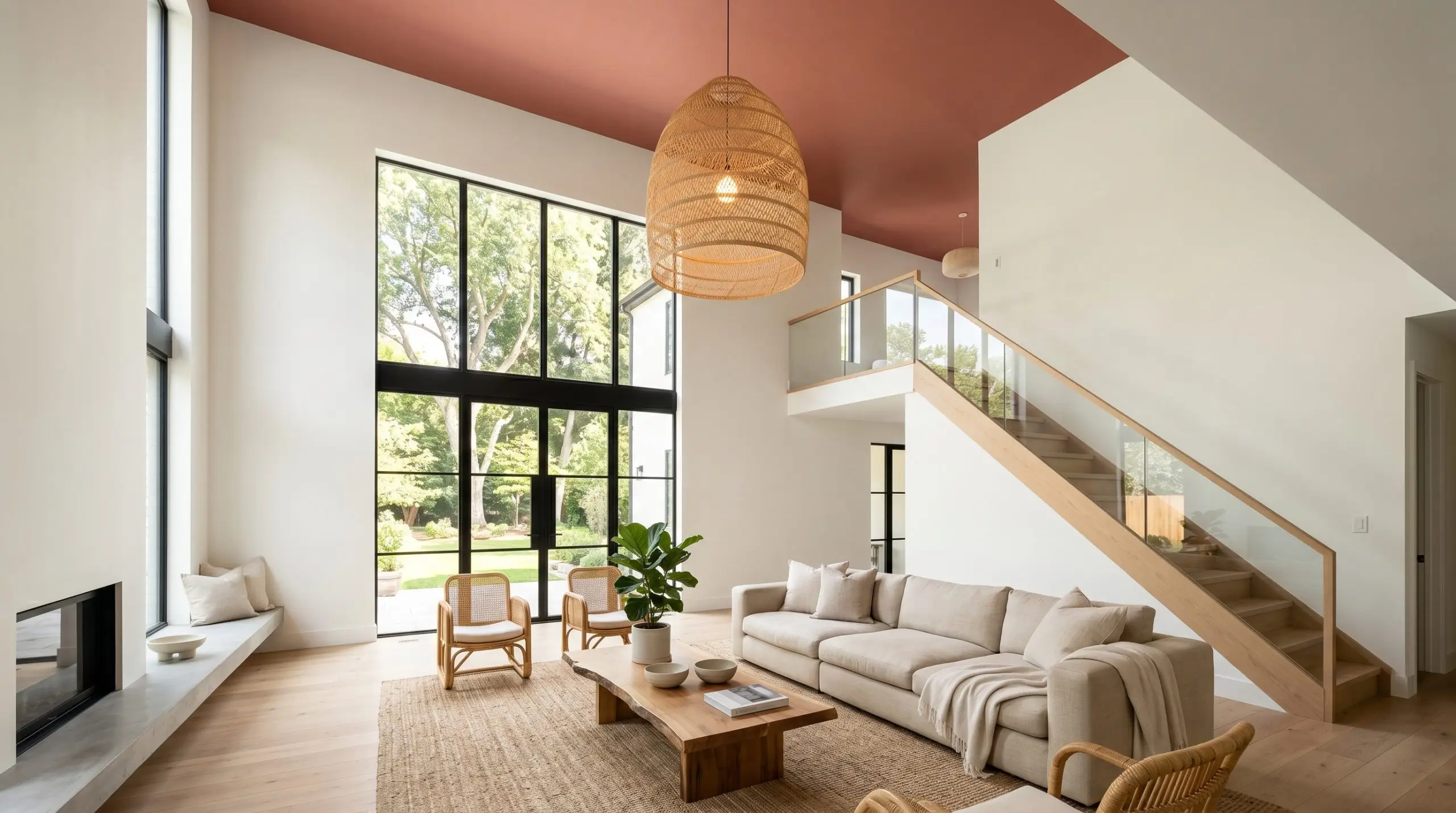 A large woven rattan pendant light hangs over neutral linen seating from a striking terracotta-pink ceiling in a tall organic modern living room.