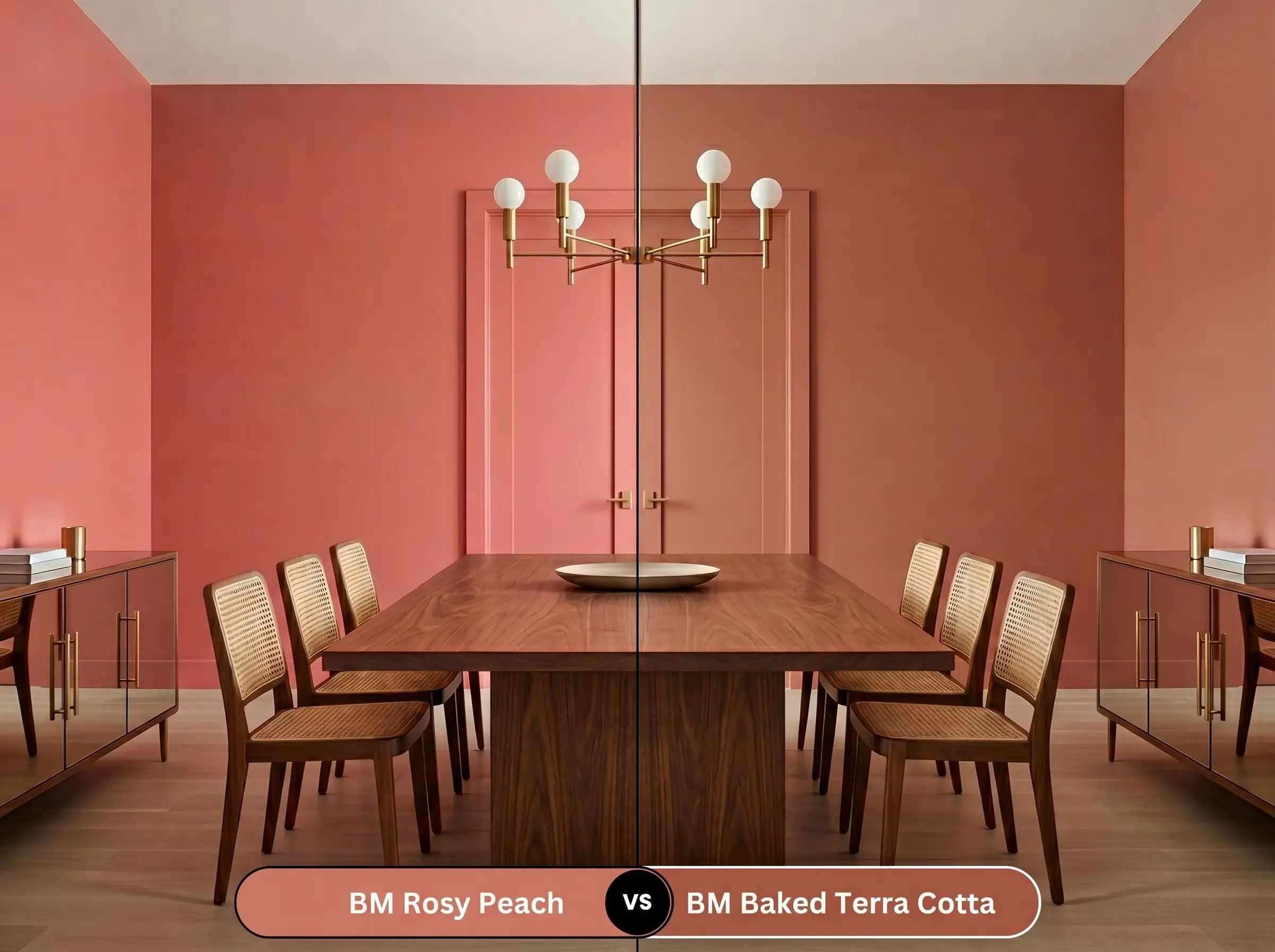 A side-by-side split-screen comparison of Benjamin Moore Rosy Peach on the left and Benjamin Moore Baked Terra Cotta on the right, shown in a symmetrical dining room featuring a walnut table and cane-back chairs.