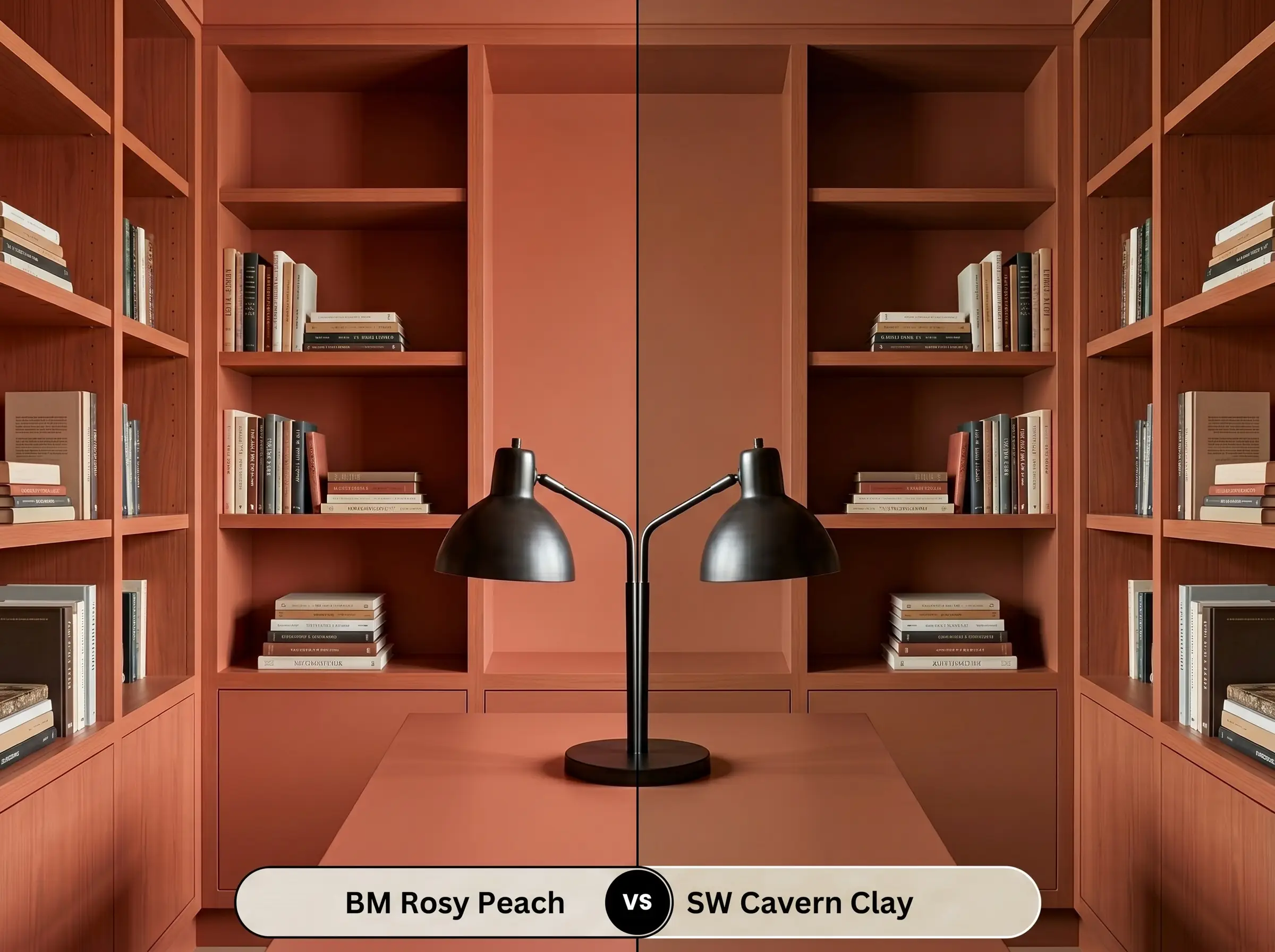 A side-by-side split-screen comparison of Benjamin Moore Rosy Peach on the left and Sherwin-Williams Cavern Clay on the right, shown in a symmetrical home library featuring built-in bookcases and a blackened steel desk lamp.