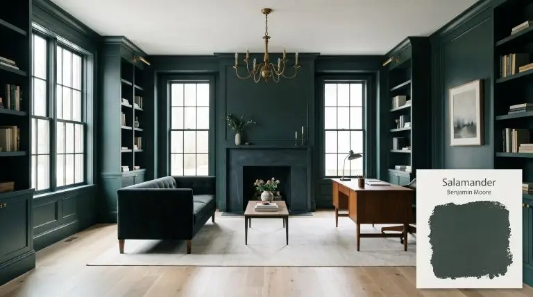 A stunning transitional open-plan living and study space features built-in shelving painted in Benjamin Moore Salamander (Hex #2F3E3E), a honed soapstone fireplace surround, crisp white oak flooring, and an unlacquered brass chandelier.