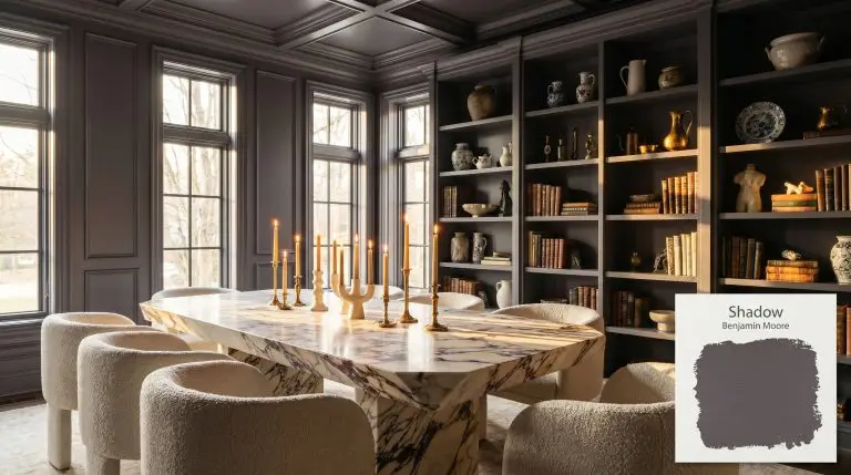 An angular Calacatta Viola marble dining table sits within a grand transitional library color-drenched in Benjamin Moore Shadow (Hex #514A58).