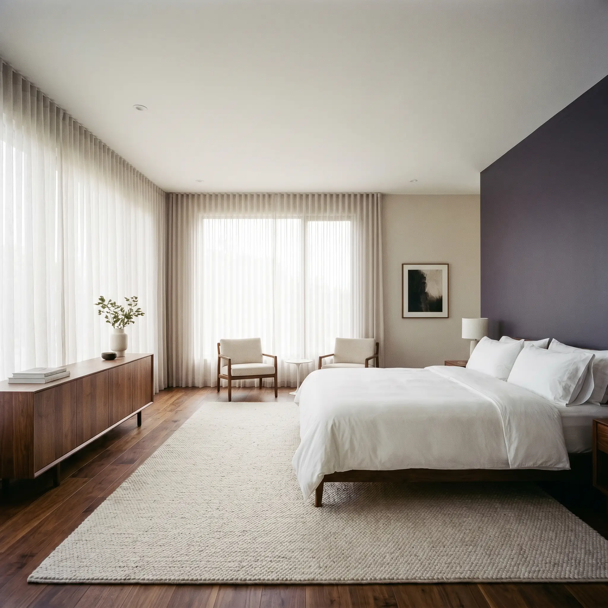 Crisp white hotel-style bedding and a textured ivory rug anchor a restful primary bedroom featuring a headboard wall painted in Benjamin Moore Shadow (Hex #514A58).