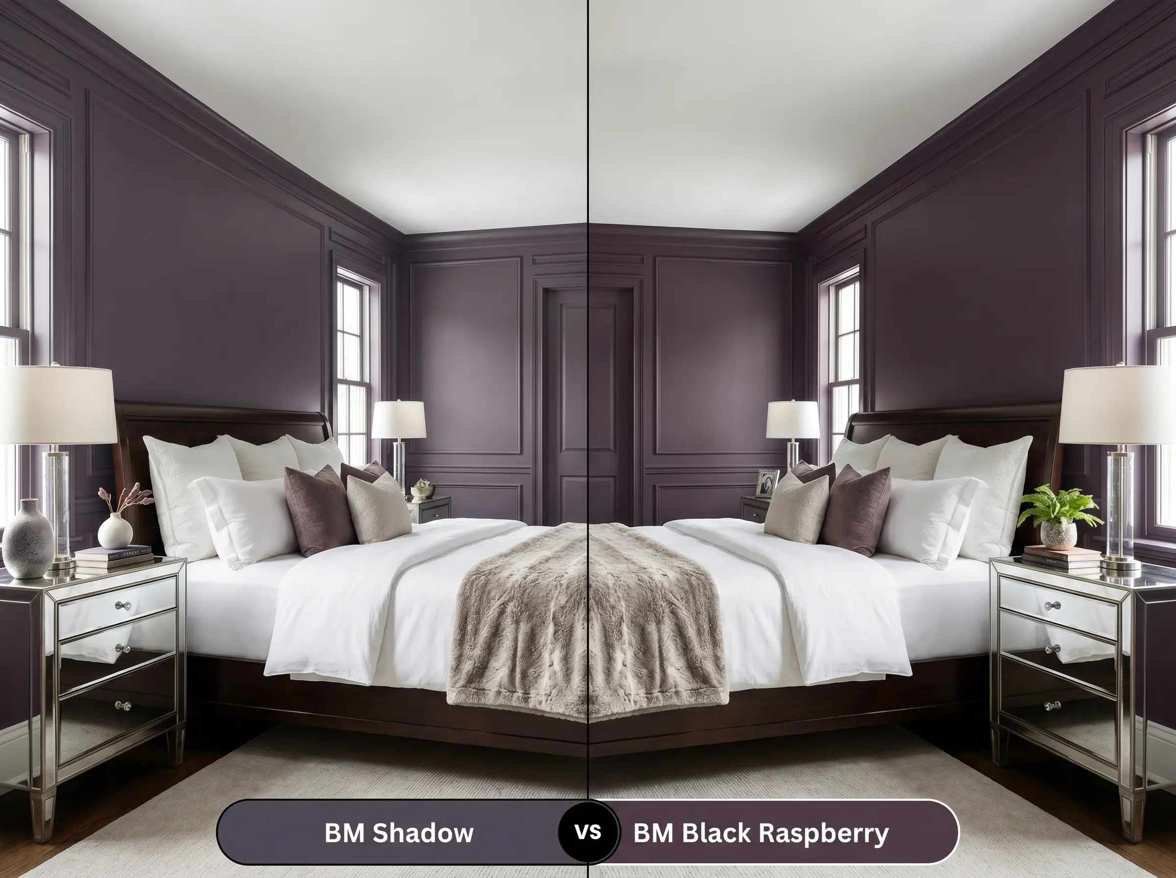A side-by-side split-screen comparison of Benjamin Moore Shadow on the left and Benjamin Moore Black Raspberry on the right, shown in a luxurious transitional bedroom with crisp white bedding.