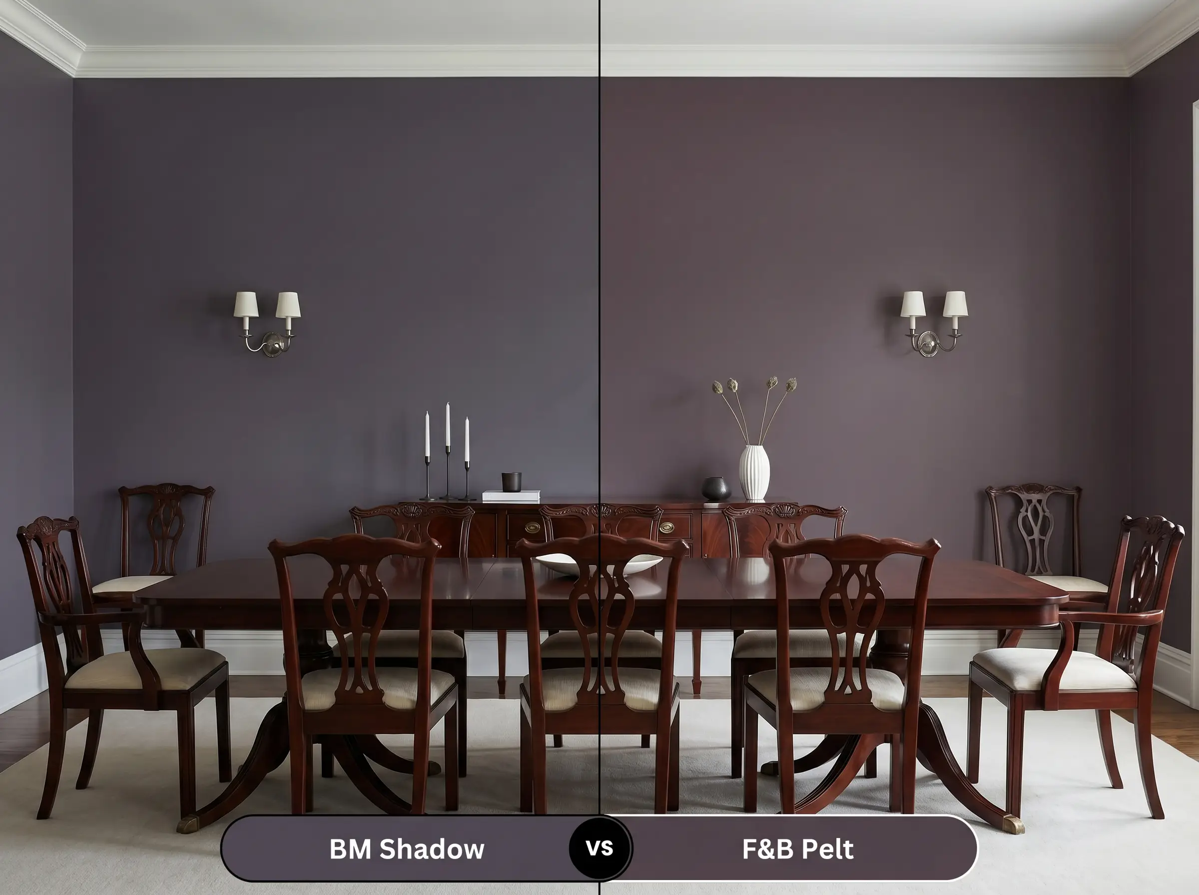 A side-by-side split-screen comparison of Benjamin Moore Shadow on the left and Farrow & Ball Pelt on the right, shown in a sophisticated formal dining room with a mahogany table.