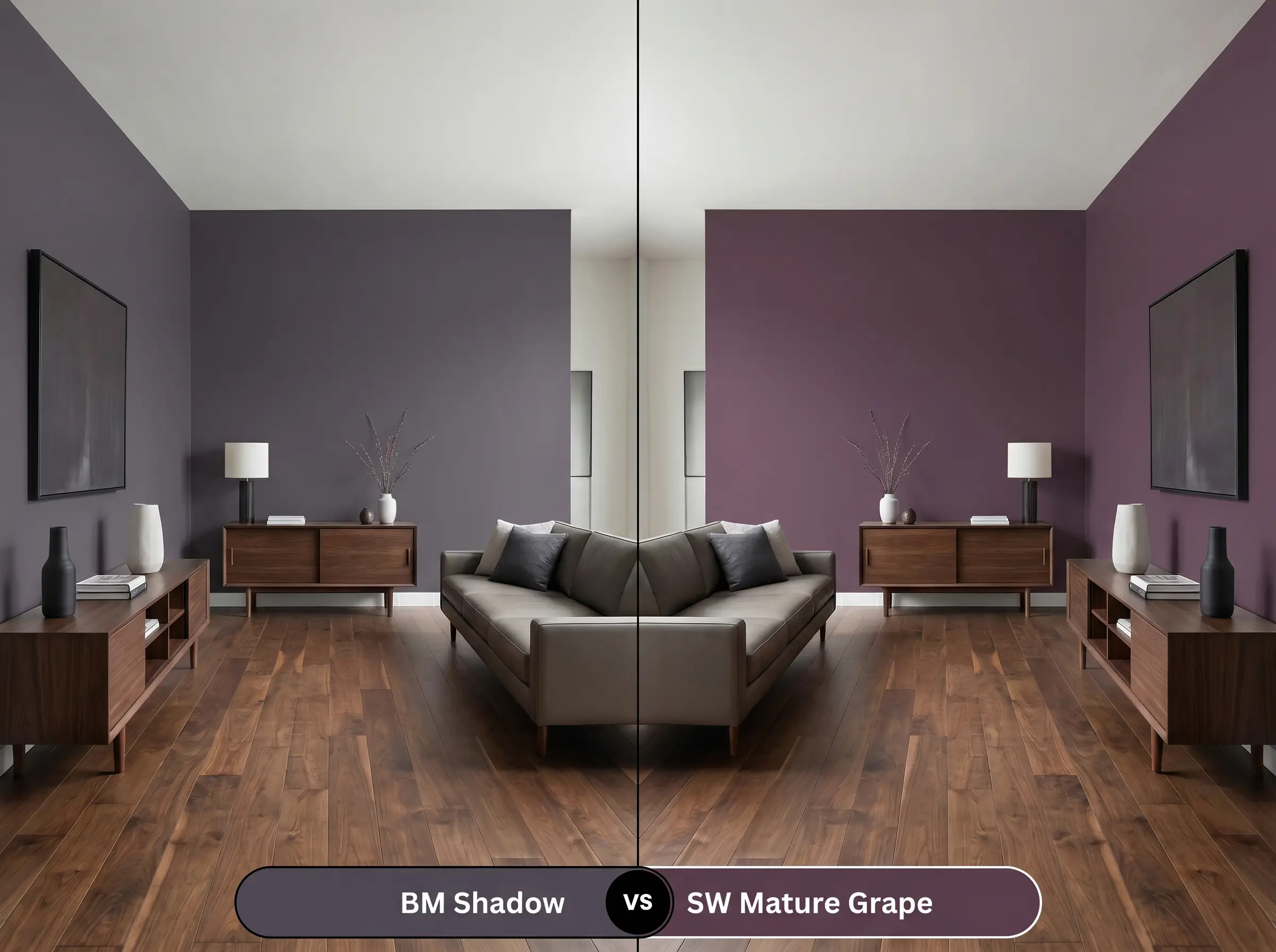 A side-by-side split-screen comparison of Benjamin Moore Shadow on the left and Sherwin-Williams Mature Grape on the right, shown in a modern living room featuring sleek furniture and reclaimed walnut floors.