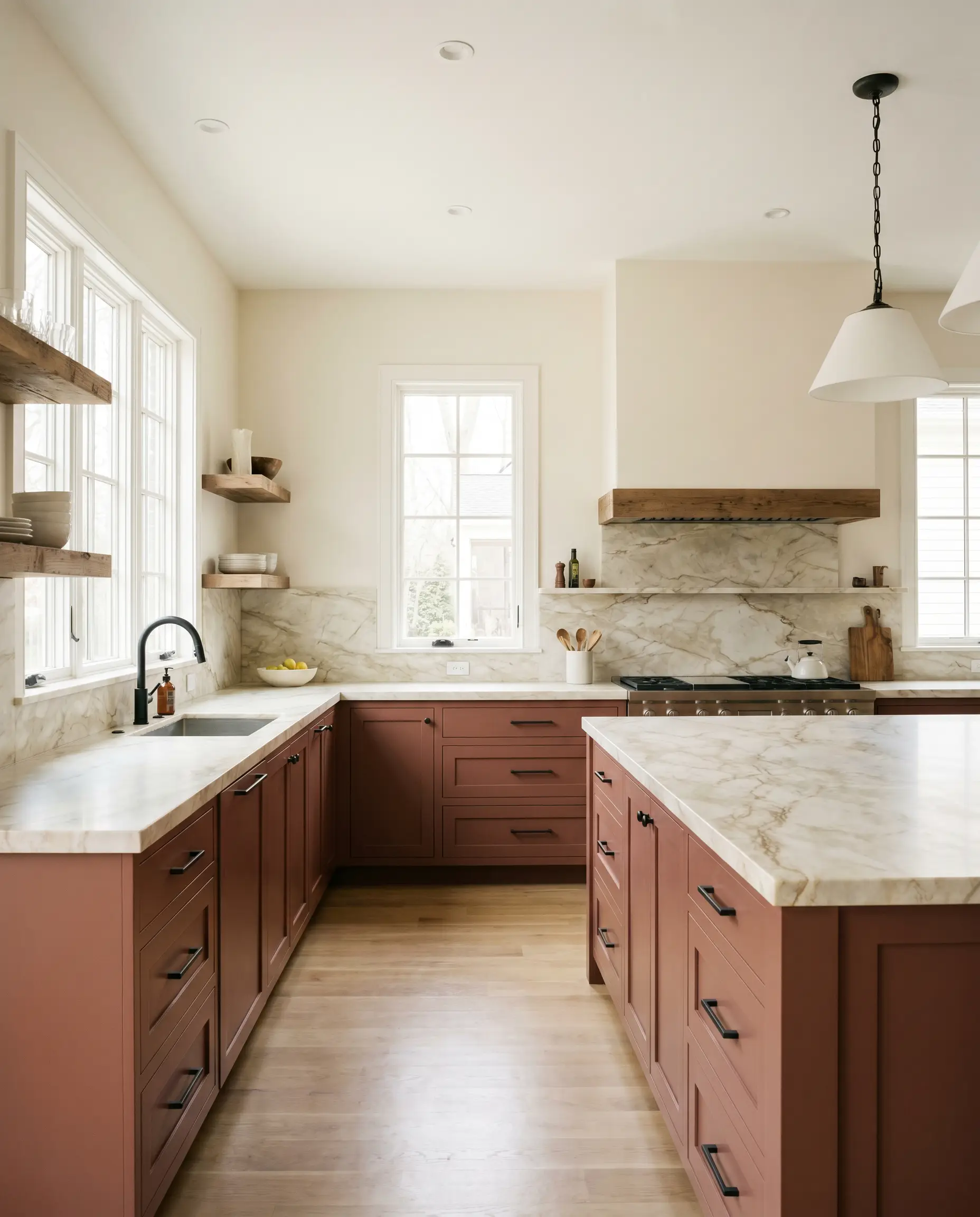Creamy heavily veined marble countertops and rustic floating wood shelves complement warm brown-red lower base cabinets and a matching island.