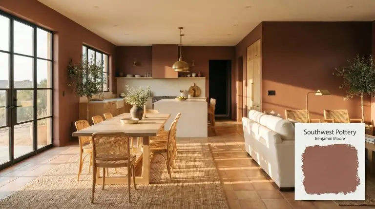 A light white oak dining table and creamy quartz kitchen island sit within an open-concept space painted in Benjamin Moore Southwest Pottery (Hex #975F57).