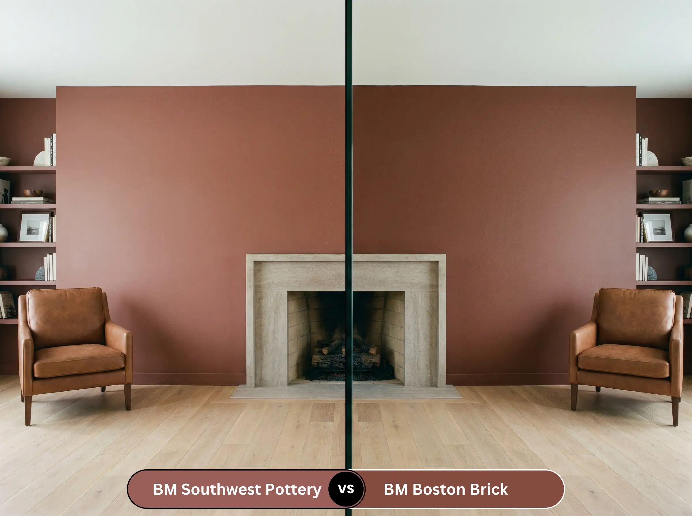 A side-by-side split-screen comparison of Benjamin Moore Southwest Pottery on the left and Benjamin Moore Boston Brick on the right, shown in a cozy den with a stone fireplace.