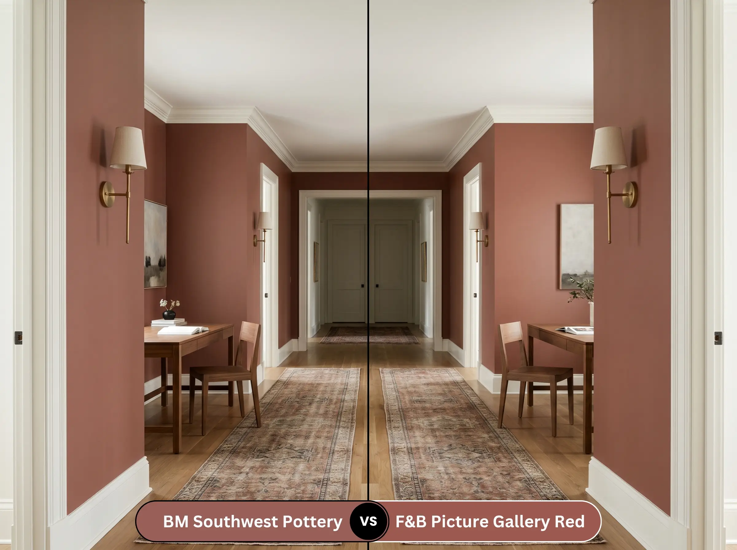 A side-by-side split-screen comparison of Benjamin Moore Southwest Pottery on the left and Farrow & Ball Picture Gallery Red on the right, shown in a stately hallway study.