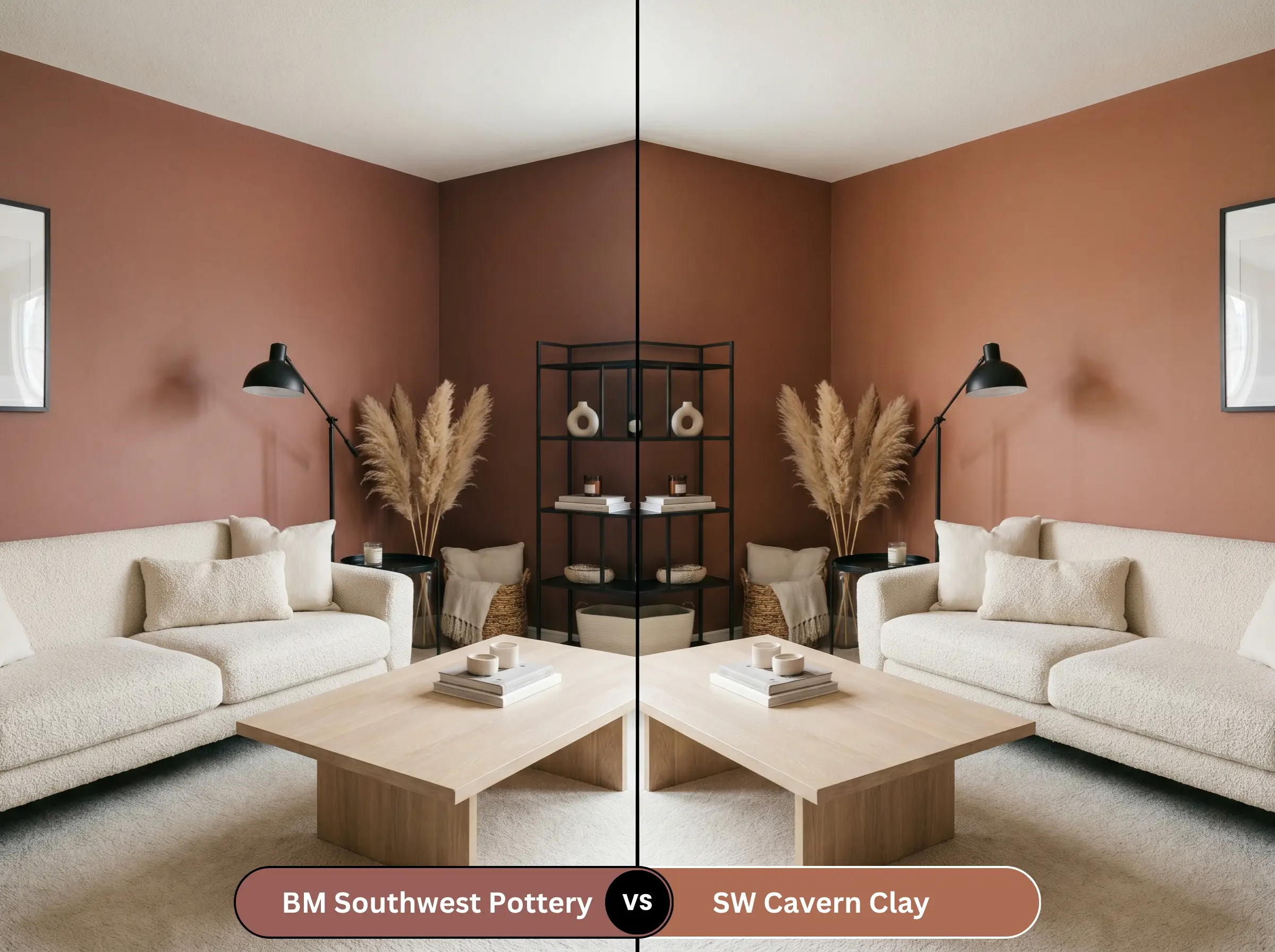 A side-by-side split-screen comparison of Benjamin Moore Southwest Pottery on the left and Sherwin-Williams Cavern Clay on the right, shown in a bohemian living room.