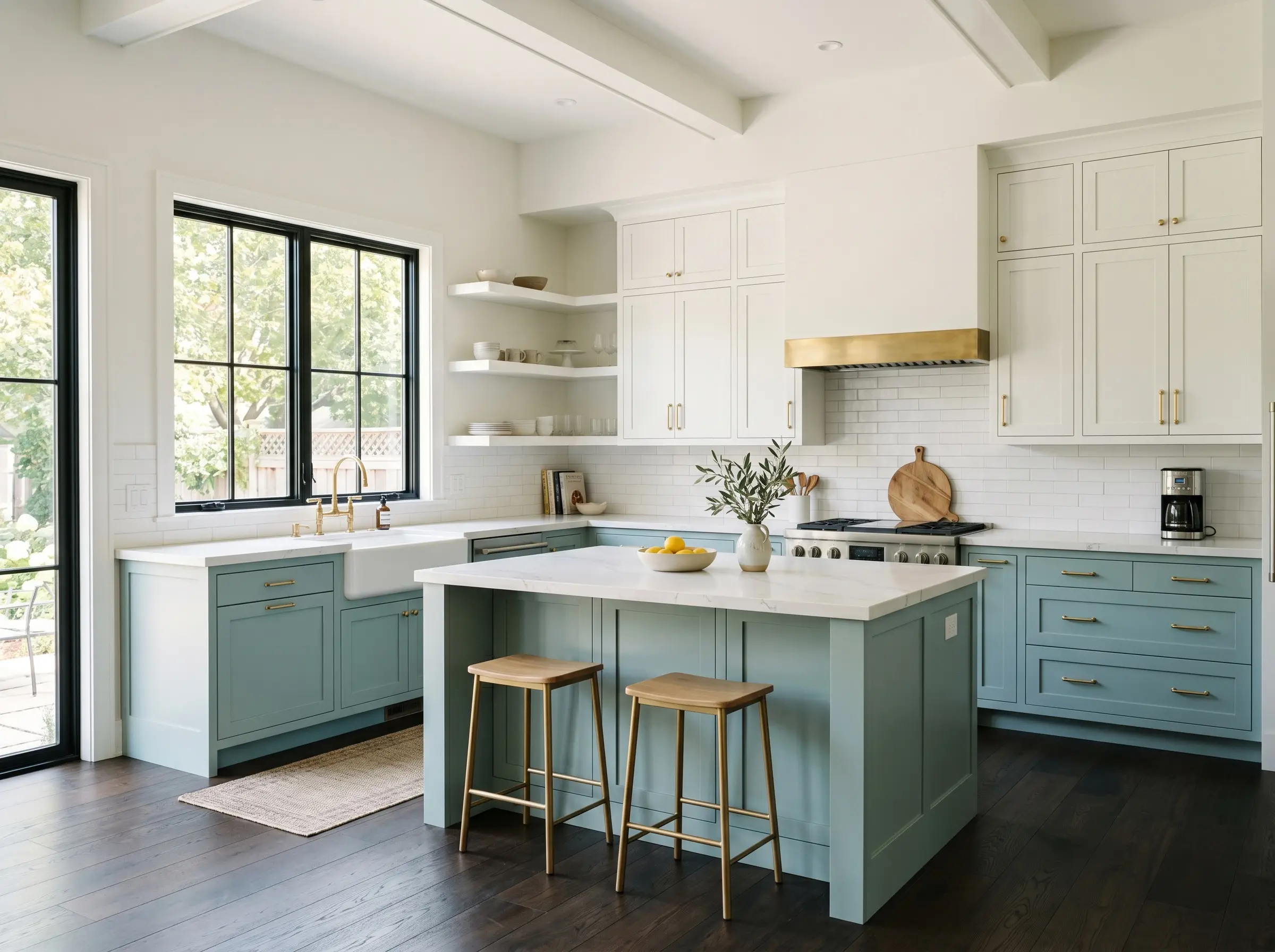 A two-tone transitional kitchen features dark hardwood floors and unlacquered brass hardware alongside lower cabinets and a central island painted in Benjamin Moore St. Lucia Teal (Hex #94B8AF).