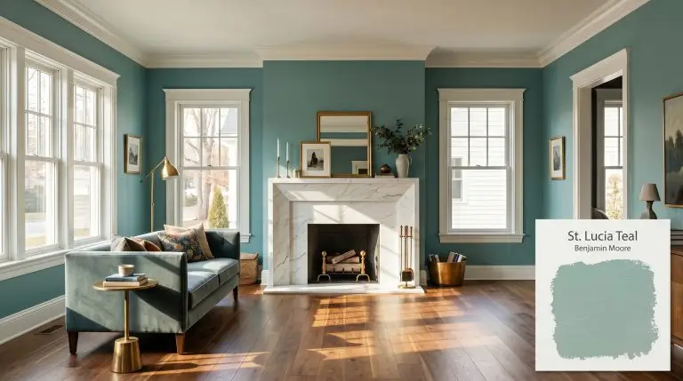 A transitional living space features a honed Calacatta marble fireplace and warm walnut floors surrounded by walls painted in Benjamin Moore St. Lucia Teal (Hex #94B8AF).