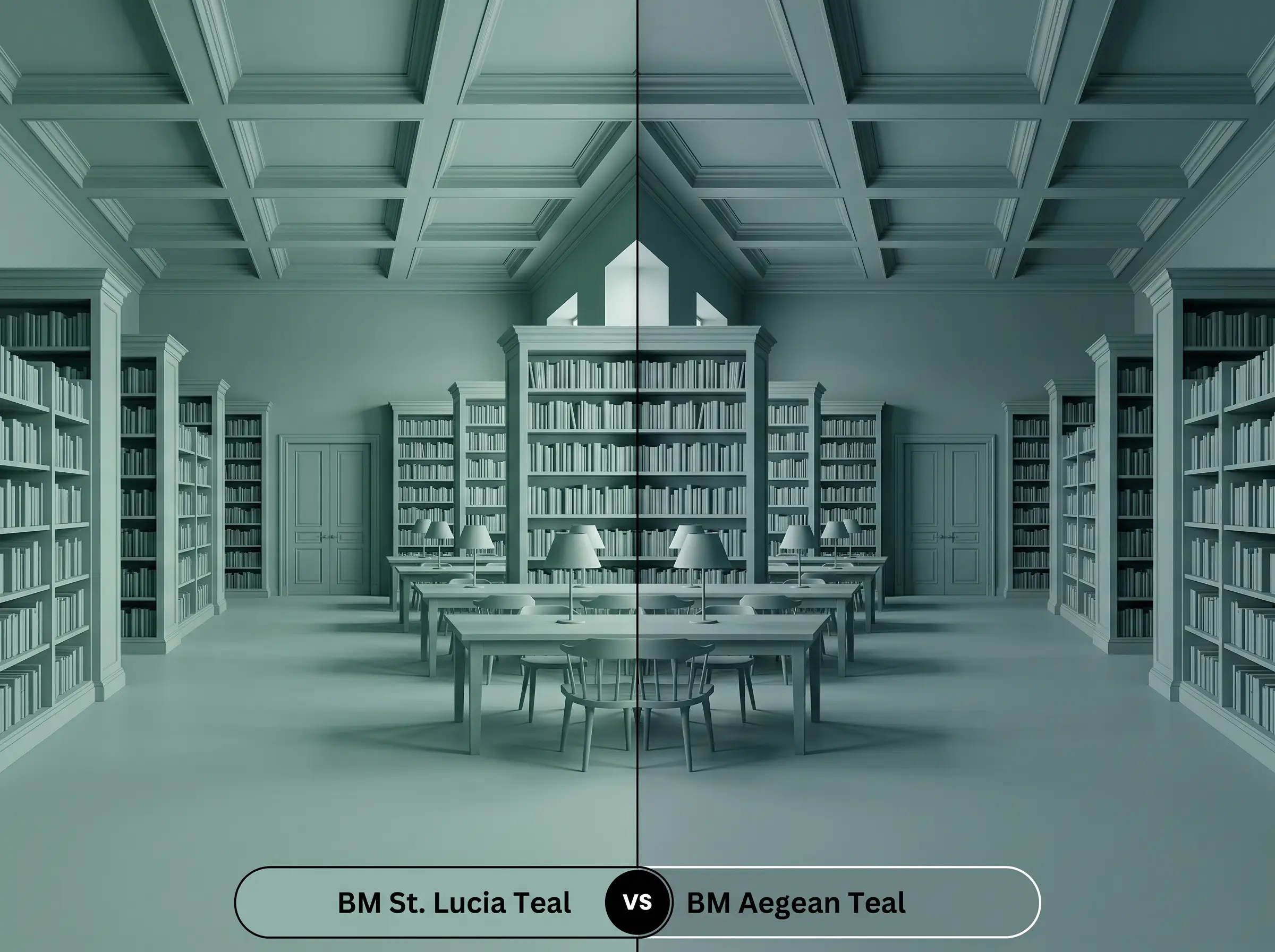 A side-by-side split-screen comparison of Benjamin Moore St. Lucia Teal on the left and Benjamin Moore Aegean Teal on the right, shown in a cozy library with minimalist styling.