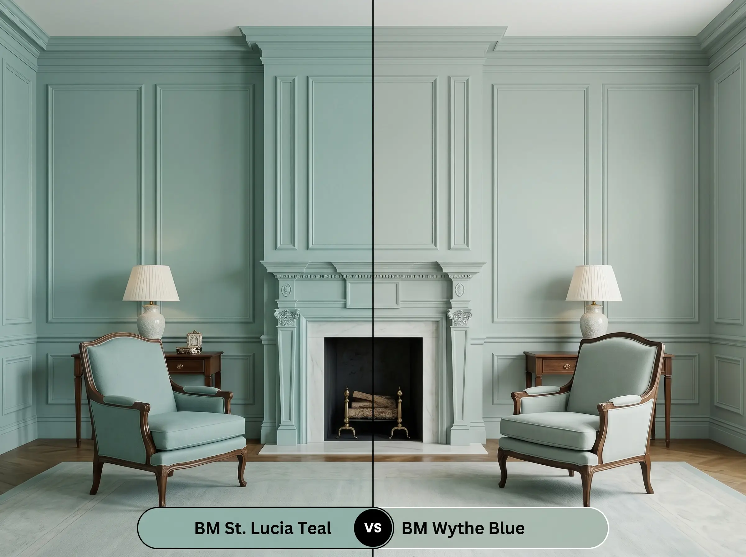A side-by-side split-screen comparison of Benjamin Moore St. Lucia Teal on the left and Benjamin Moore Wythe Blue on the right, shown in a traditional living room with symmetrical mirrored architecture.