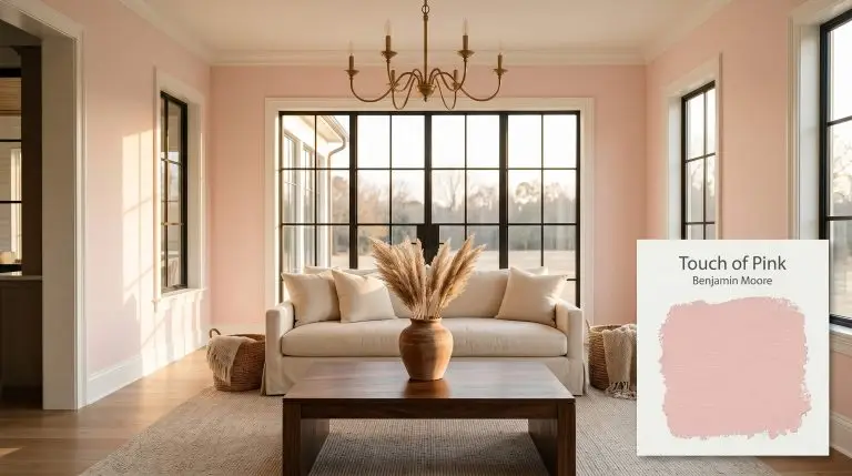 A plush cream slipcovered sofa and an unlacquered brass chandelier anchor a transitional living room with walls painted in Benjamin Moore Touch of Pink (Hex #FDE8E6).
