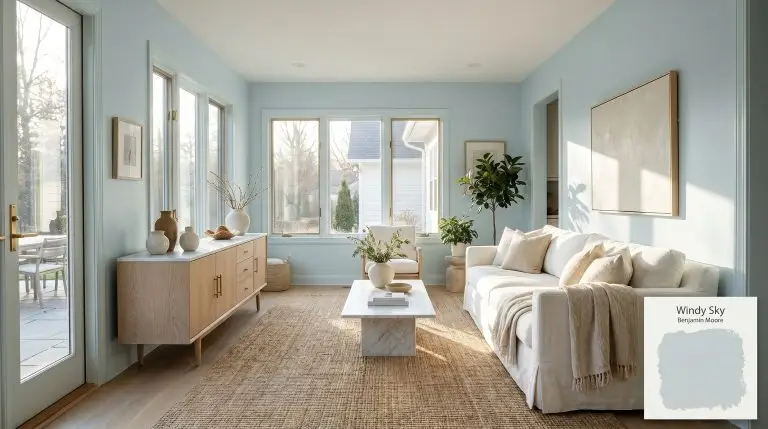 A bright sunroom seamlessly flows into a living space, featuring walls color-drenched in Benjamin Moore Windy Sky (Hex #C8D8D9), an unlacquered brass sideboard, and a plush slipcovered sofa.