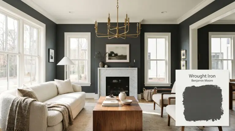 A transitional living room features walls painted in Benjamin Moore Wrought Iron (Hex #494A4B) contrasting with a honed Carrara marble fireplace and a nubby white bouclé sofa.