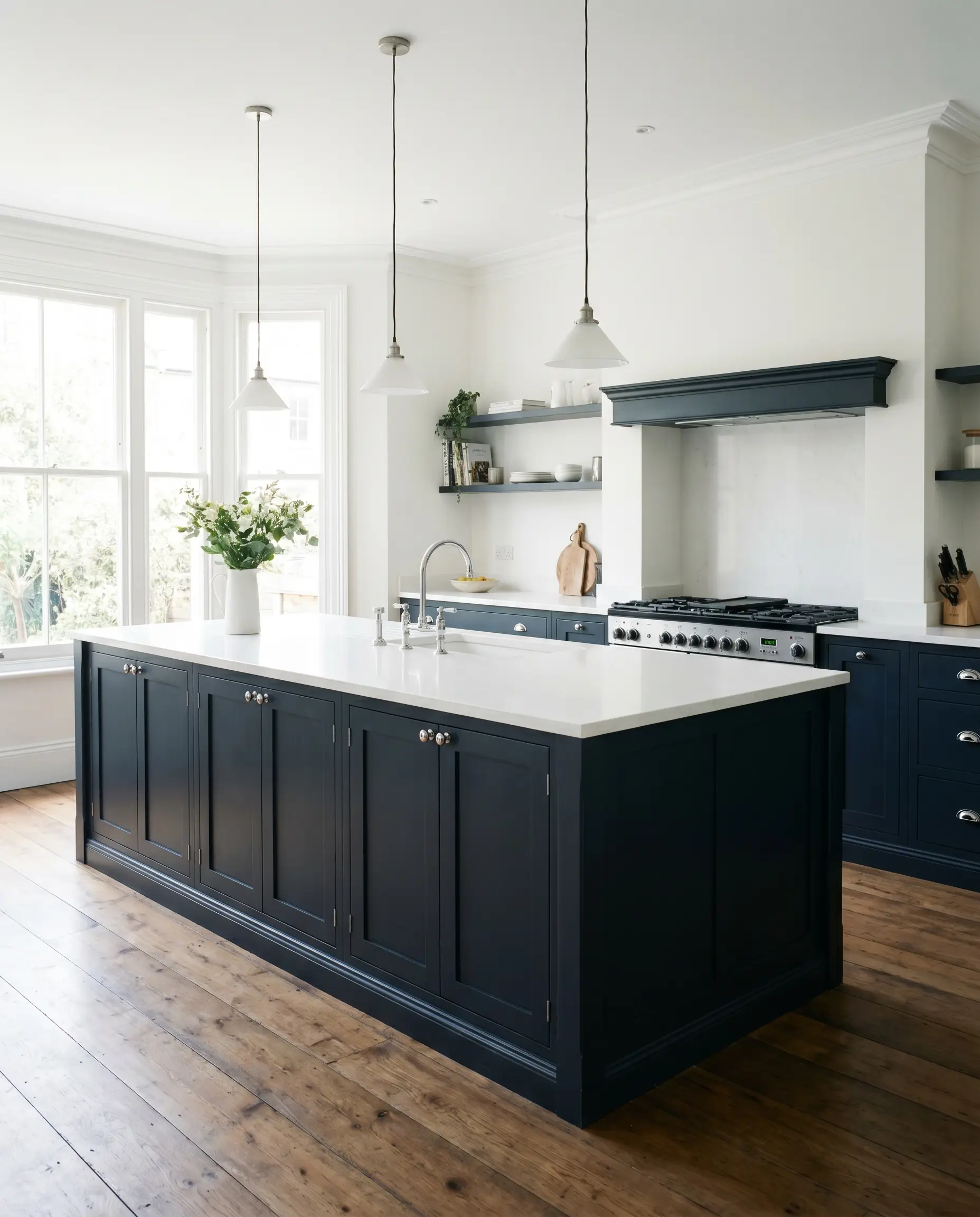 A bespoke shaker kitchen island painted in Dulux Black Opal (Hex #2C3241) features a stark white quartz countertop and polished chrome hardware.