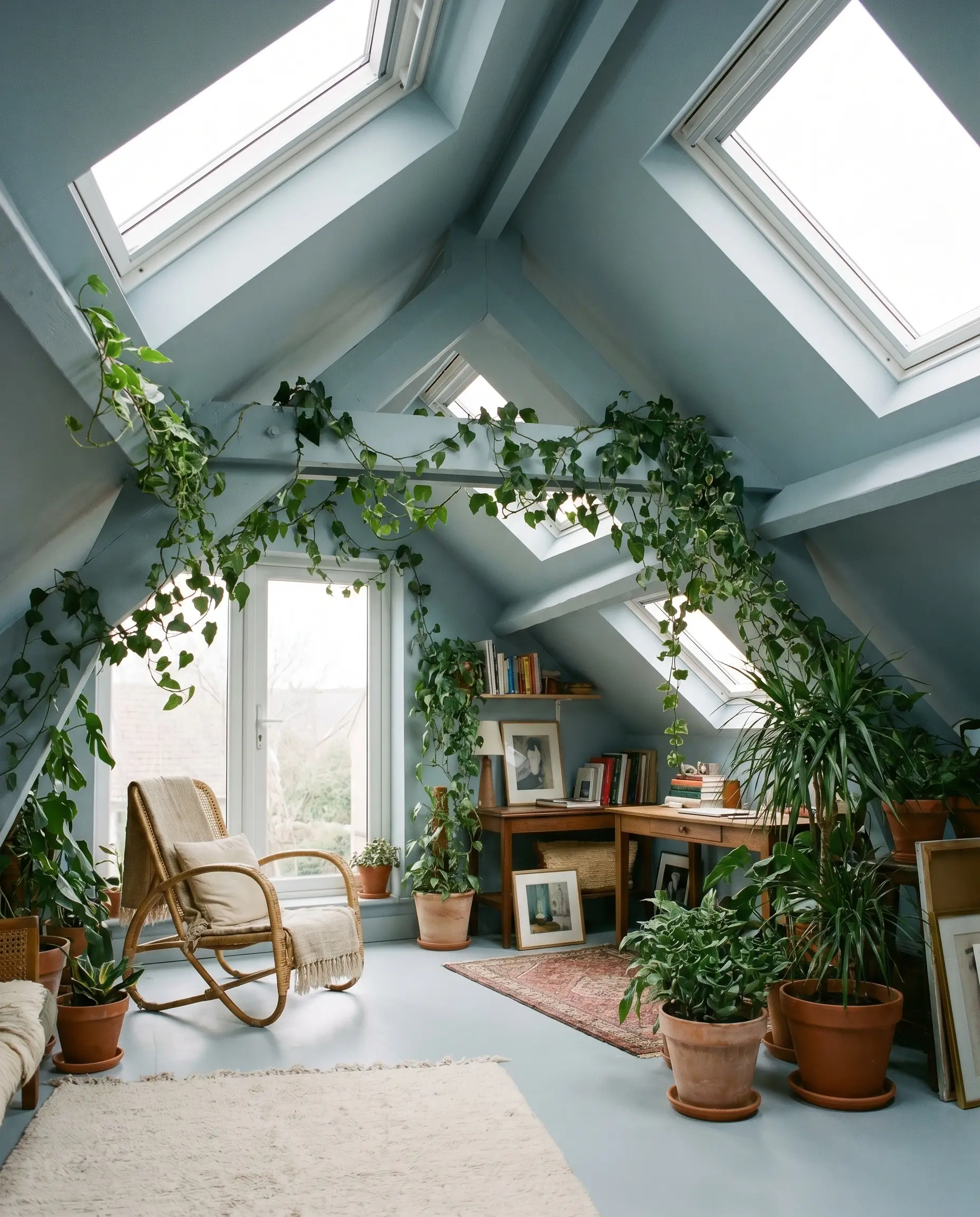 Trailing green ivy, raw terracotta planters, and a woven cane chair sit beneath a sharp, sloped attic ceiling coated in a powdery mid-tone blue matte finish application.