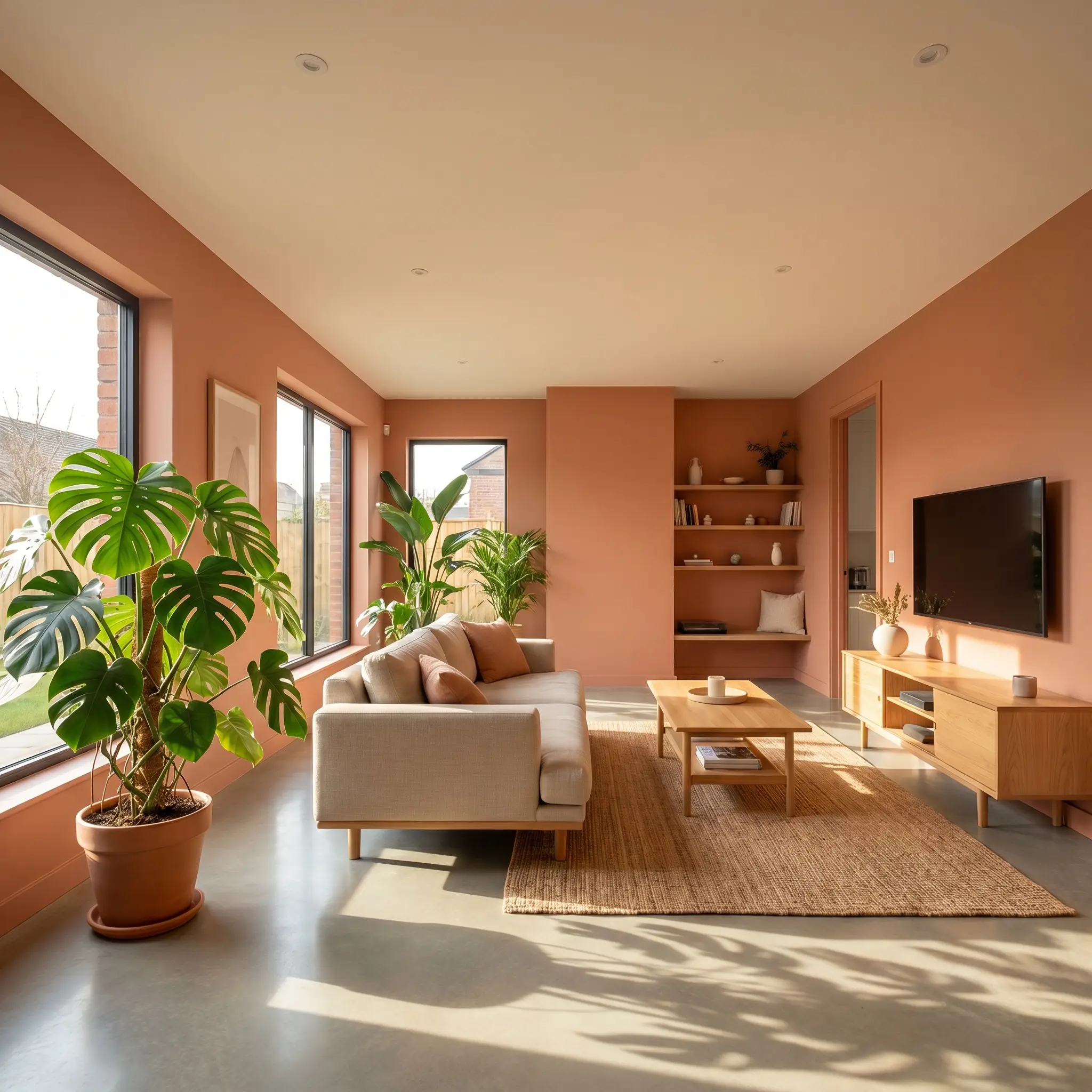 A large potted Monstera plant and a streamlined low-slung sofa bring biophilic design to a bright living room painted in Dulux Tuscan Terracotta (Hex #D8967B).