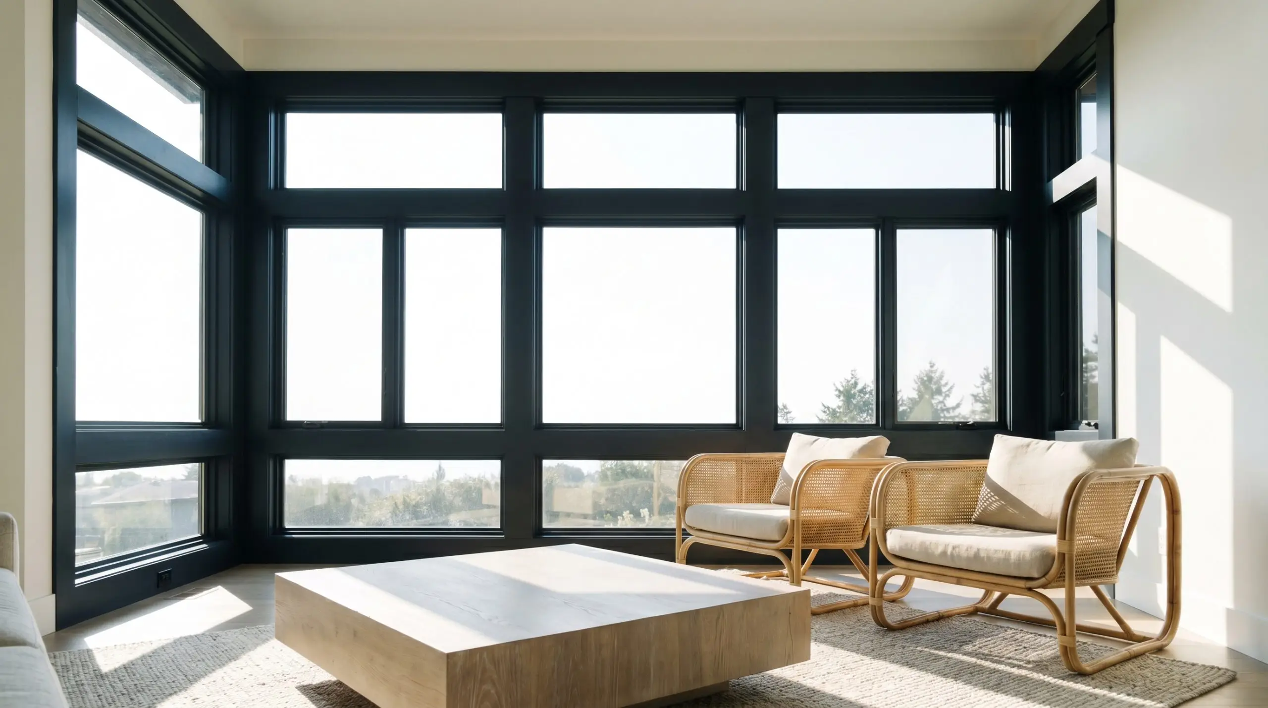 Interior window frames and mullions painted in a light-absorbing dark navy frame bright outdoor sunlight behind a bleached oak coffee table and rattan chairs.