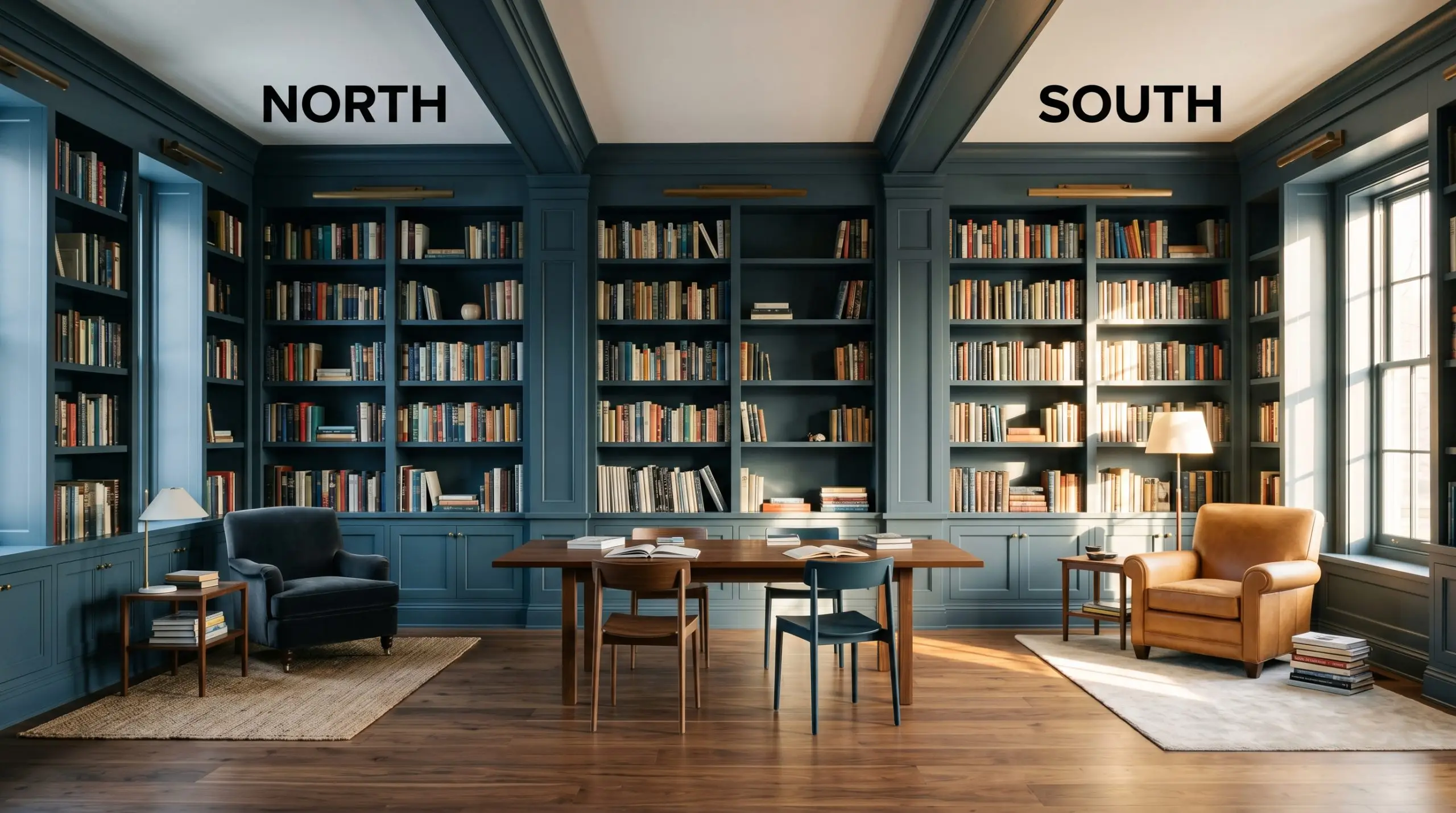 Walnut flooring grounds custom millwork painted Farrow & Ball Hague Blue (Hex #3f4d57), shifting from flat teal in cool Northern light to vibrant green-blue in warm Southern exposure.