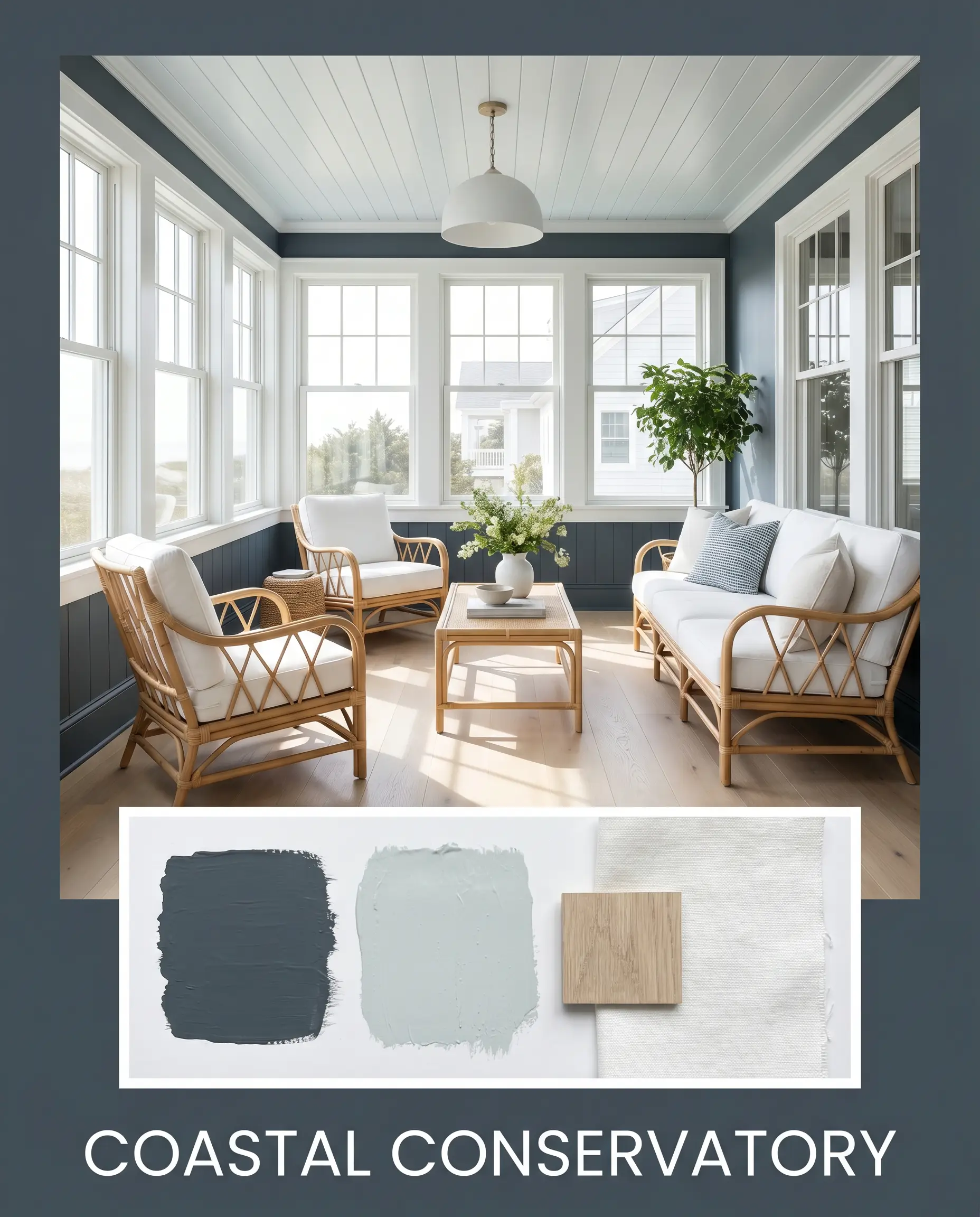 Natural rattan seating and crisp white linen upholstery sit on bleached oak flooring beneath a pale blue ceiling and dark teal lower walls.