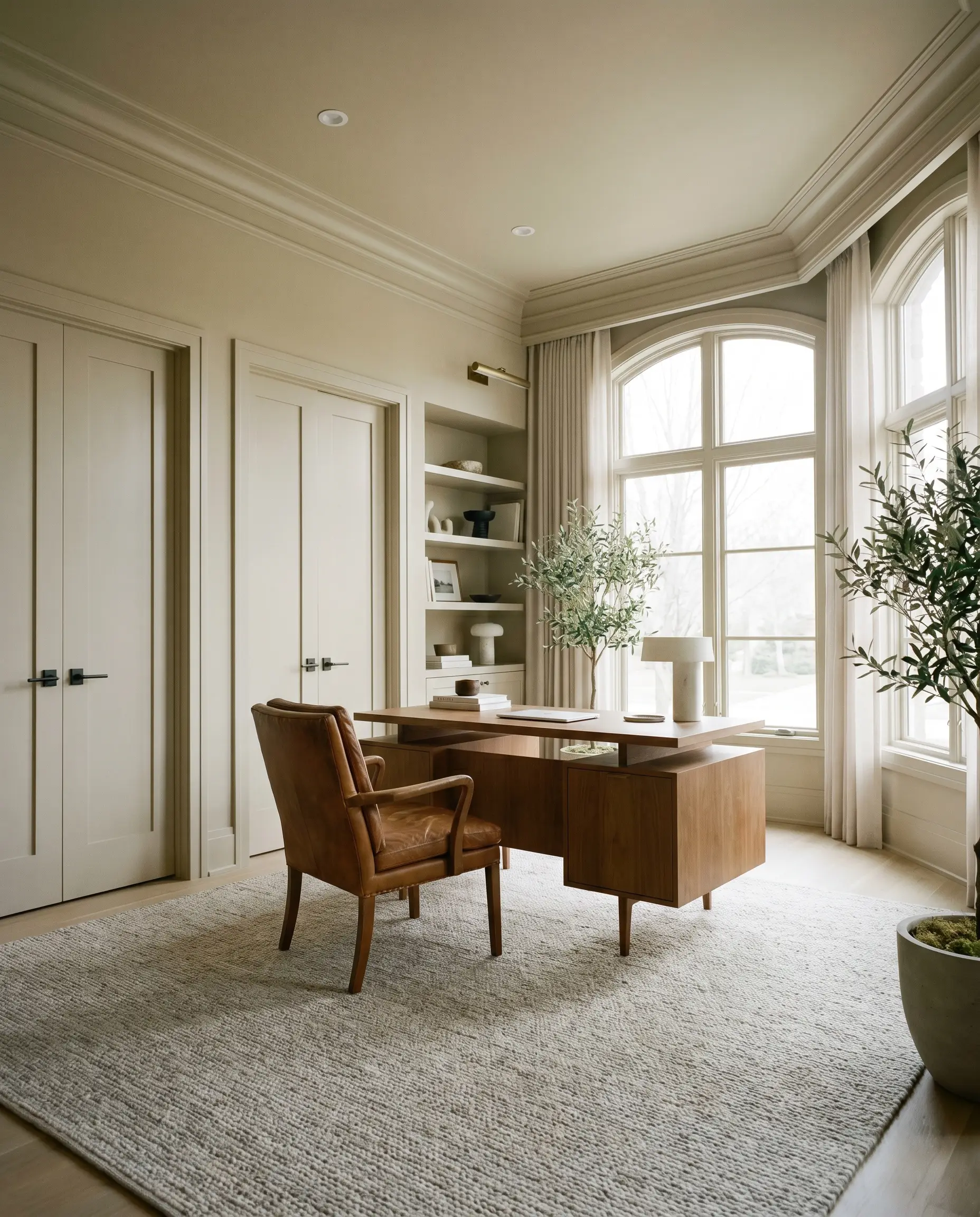 A sophisticated home office features walls, flat-panel doors, and trim entirely color-drenched in Benjamin Moore Bleeker Beige (Hex #CDC0A8), complementing a cognac leather desk chair.