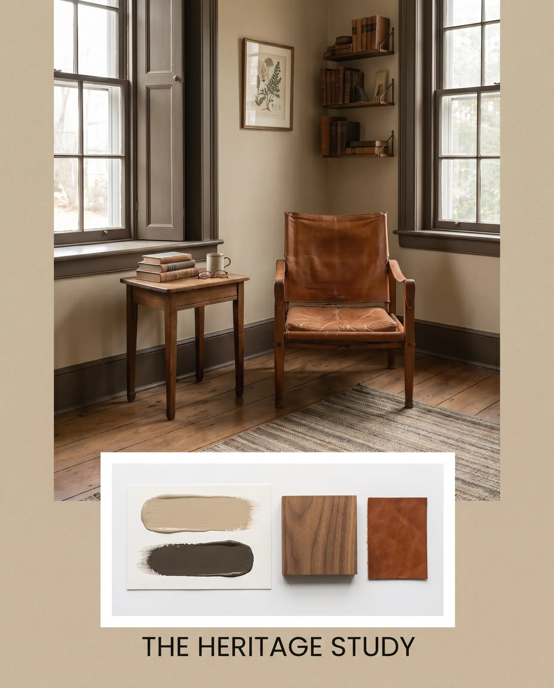 An editorial concept board for a heritage study features walls painted in Benjamin Moore Bleeker Beige (Hex #CDC0A8) alongside natural walnut flooring and cognac leather swatches.