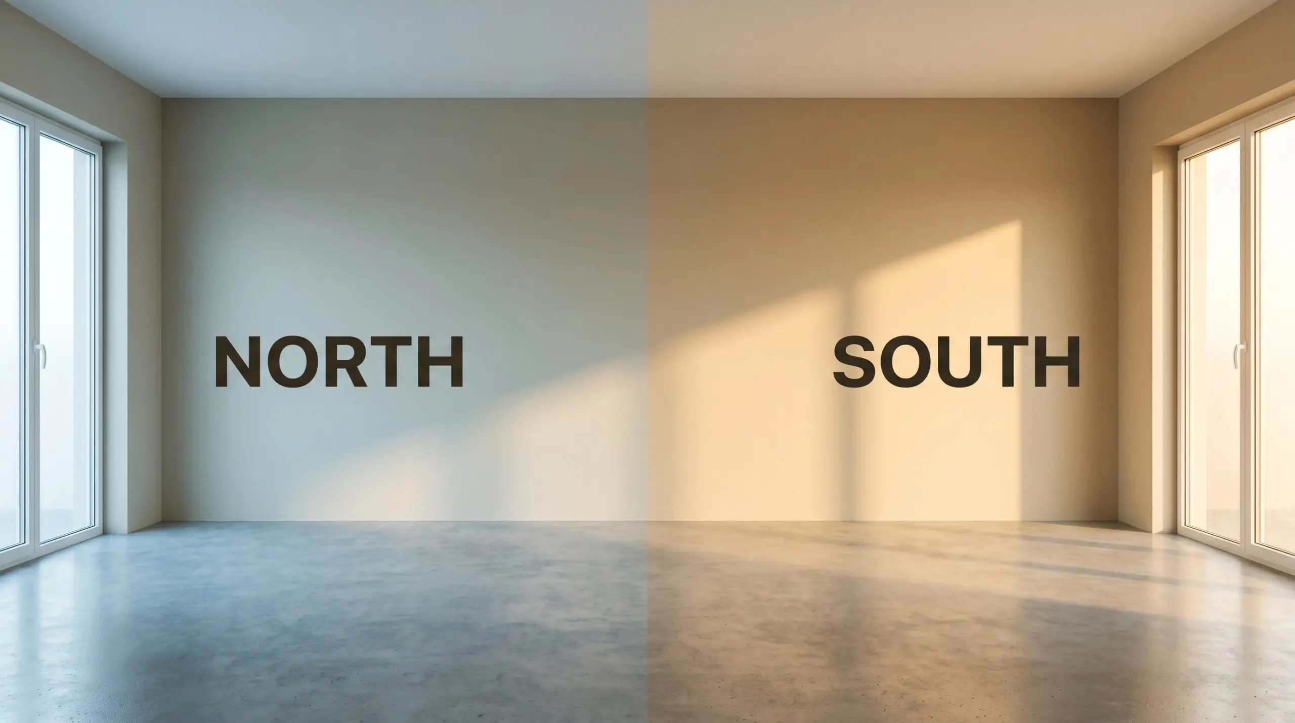 An empty living room showcases chromatic shift, shifting from a cool mid-tone buff in North-facing daylight to a warm greige in South-facing sunlight.
