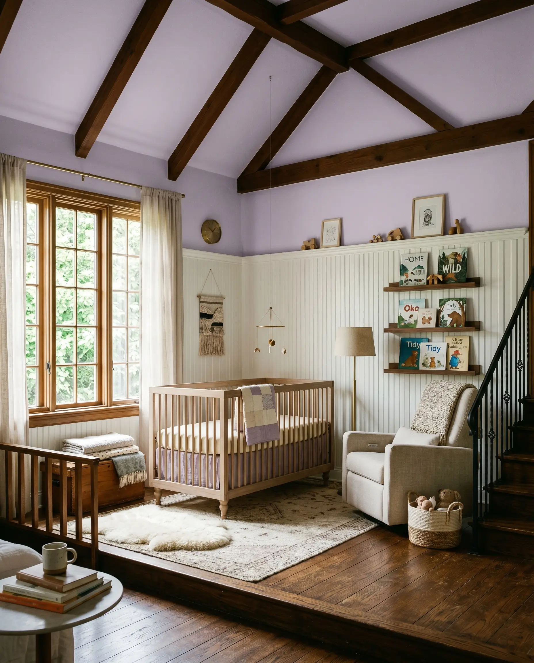 Classic white beadboard anchors the lower walls of an eclectic nursery beneath Benjamin Moore Lily Lavender (Hex #DBCEE8) upper walls and a bleached walnut crib.