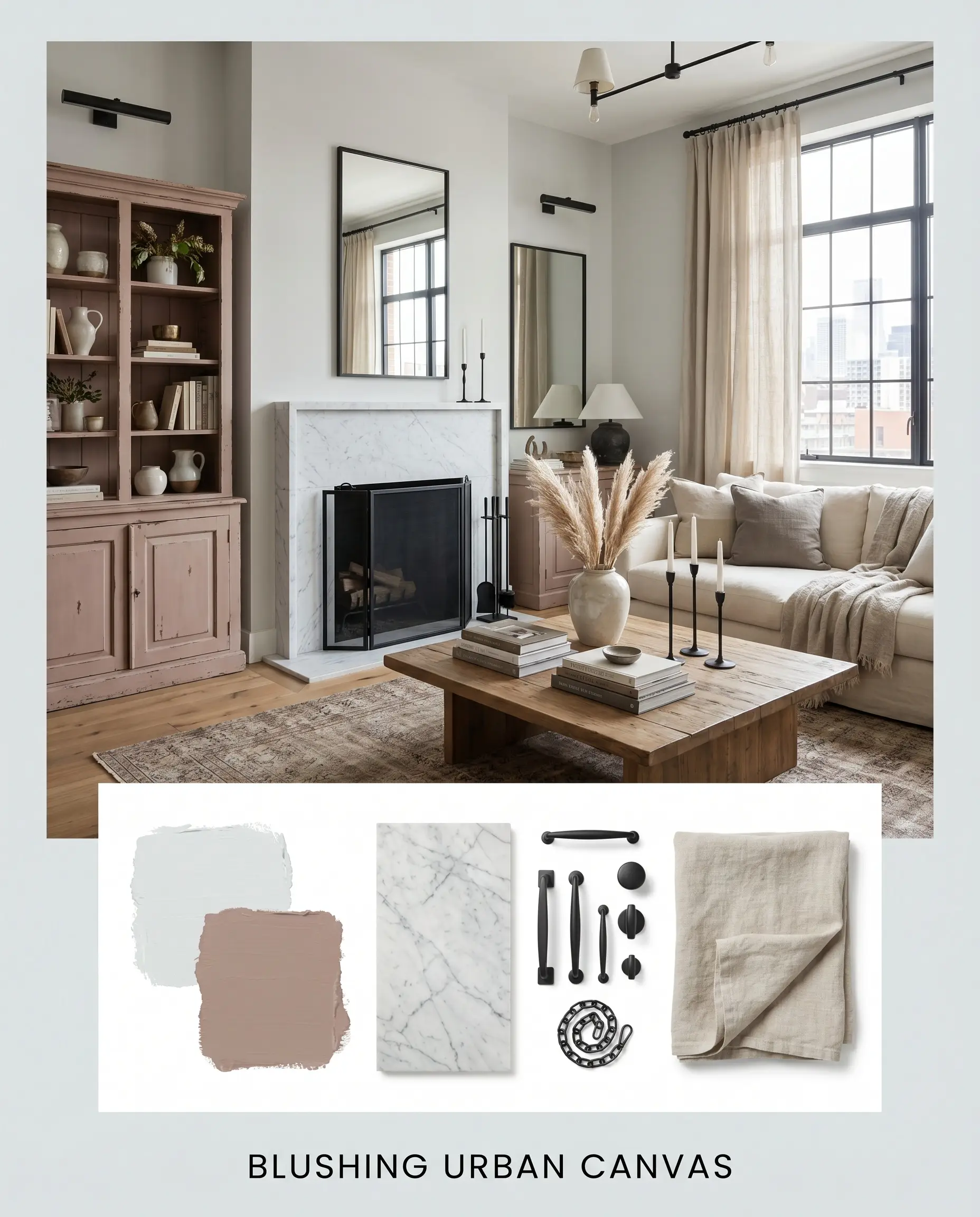 An editorial concept board showcases a transitional living space featuring a vintage apothecary cabinet, paired with a Benjamin Moore Marilyn's Dress color palette.