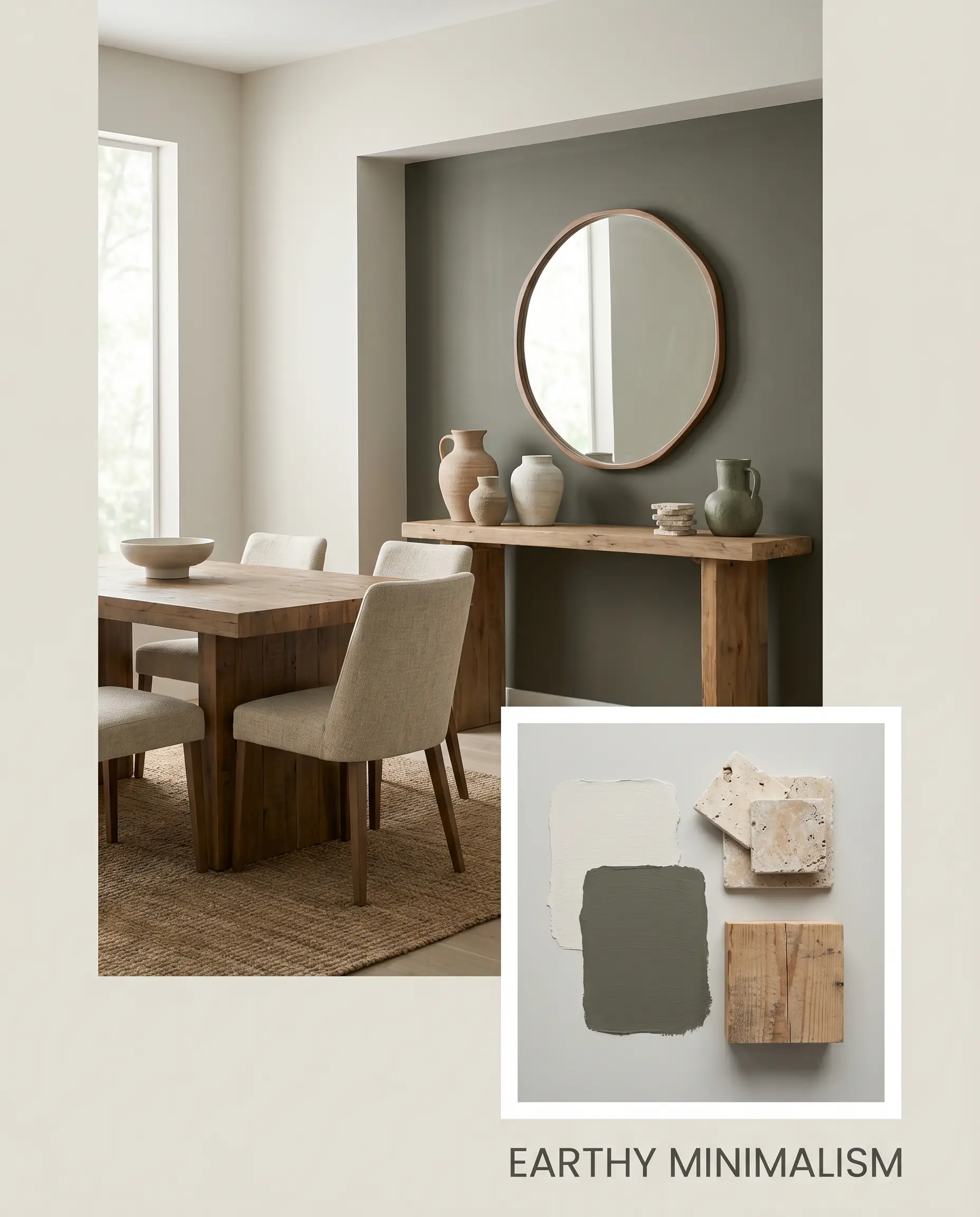 An earthy organic minimalist dining space features a raw timber console table, handmade ceramic vases, and tumbled travertine stone against warm greige walls.