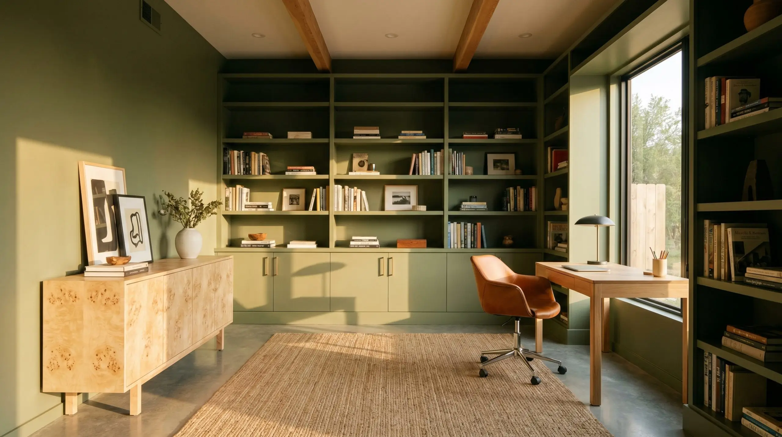Built-in bookcases and walls painted in BM Dark Olive (Hex #616253) surround a light burl wood credenza and saddle leather desk chair.