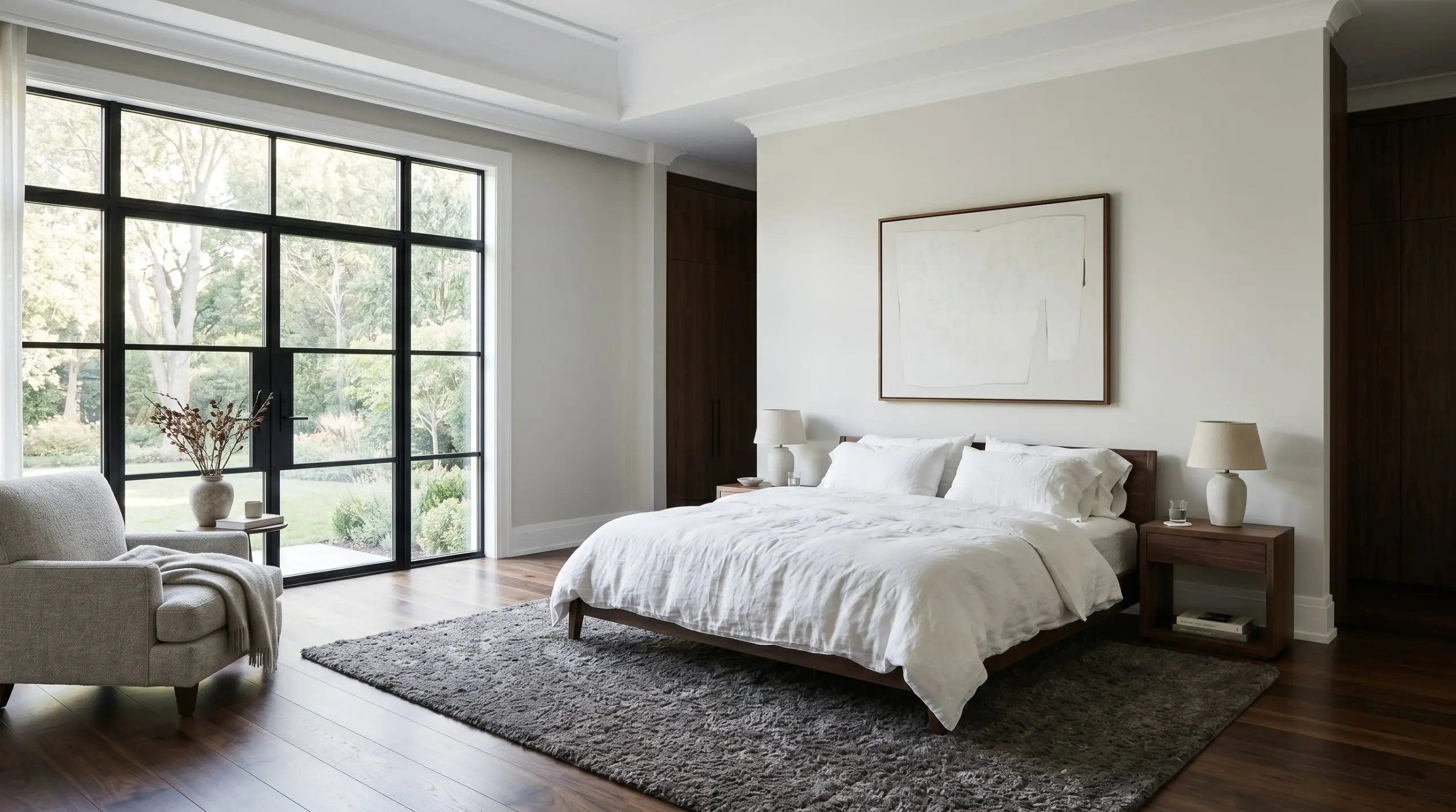 A large bed layered with heavy white linen duvets sits on a plush charcoal-toned area rug inside a serene bedroom featuring pale effortless gray walls and dark walnut floors.