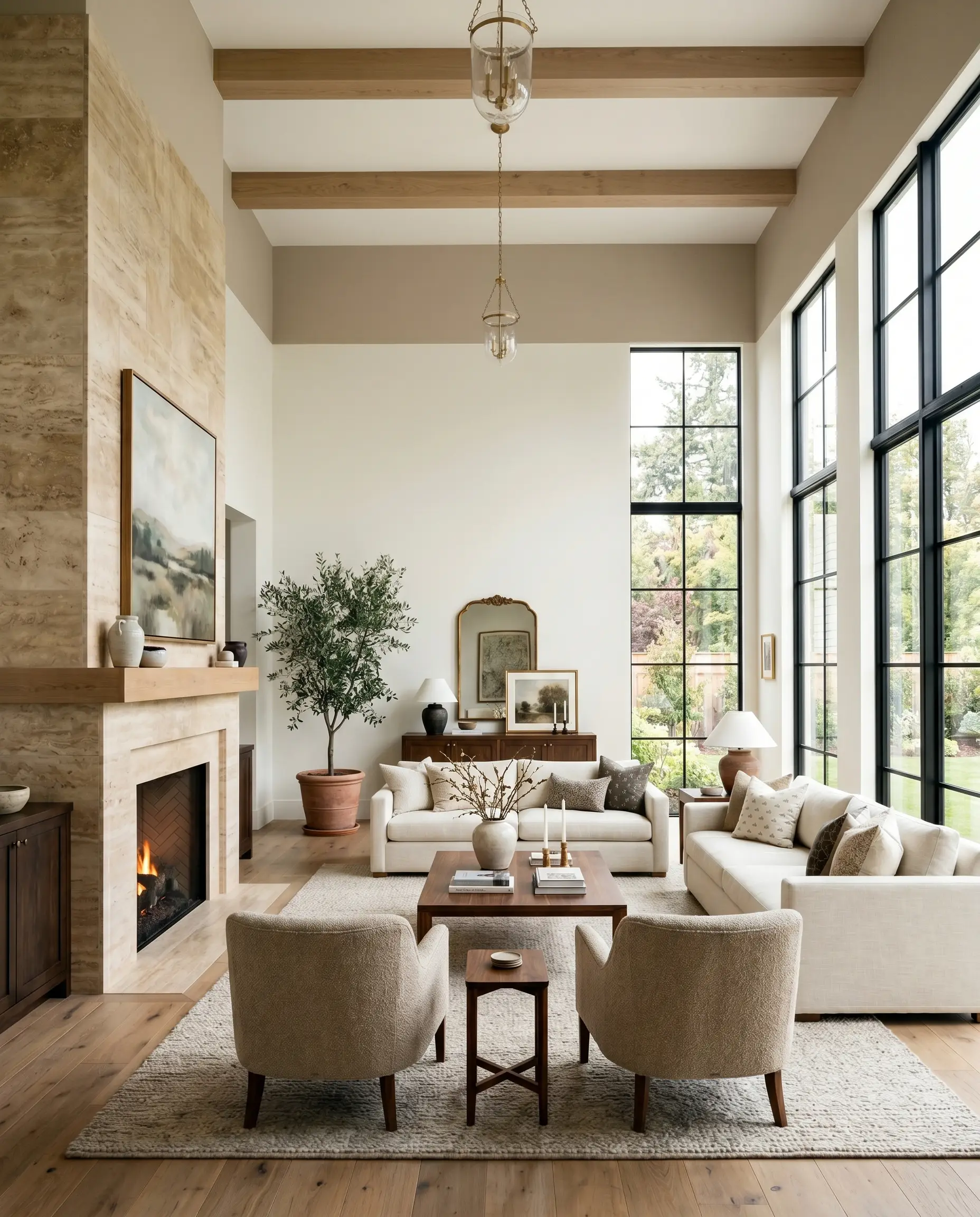 A tumbled travertine fireplace and rich walnut furniture ground a living room featuring a color-blocked ceiling and upper wall capping effect.