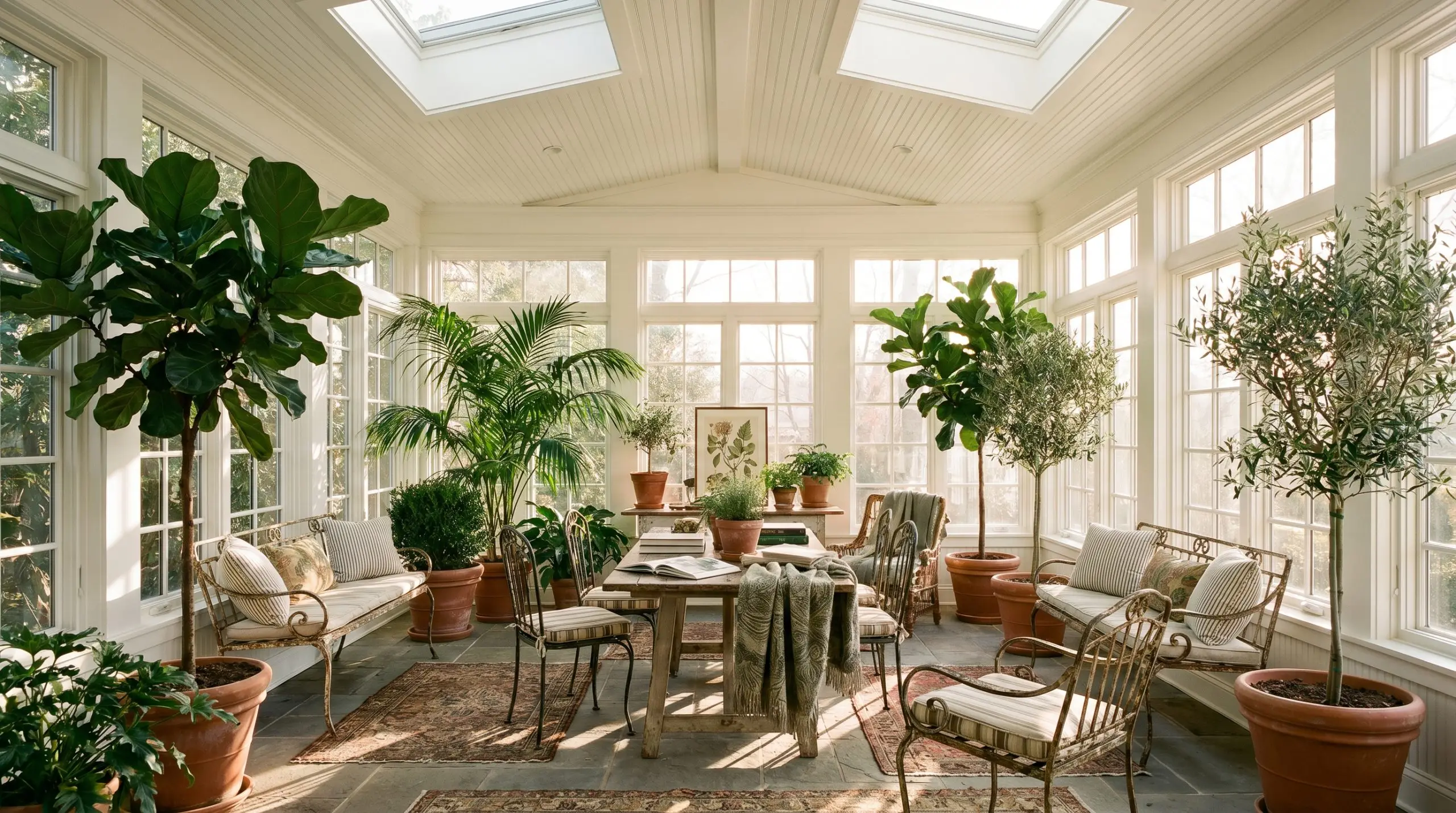 Lush oversized indoor trees and vintage wrought-iron garden chairs fill an enclosed patio sunroom featuring a luminous warm off-white beadboard ceiling and trim.