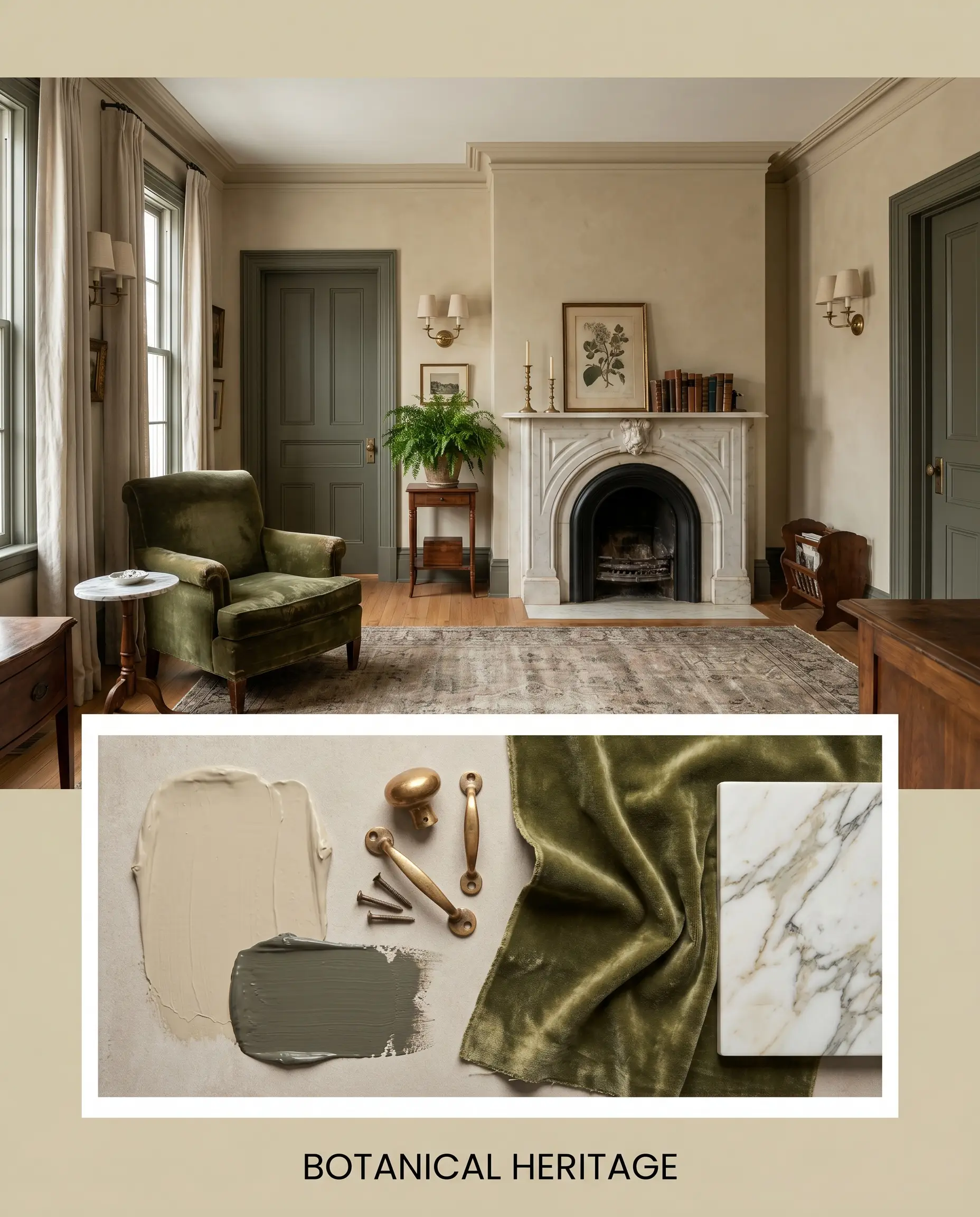 A traditional parlor scene with a distressed velvet armchair and statuary marble sits above an editorial flat-lay showcasing unlacquered brass hardware and dark olive accents.