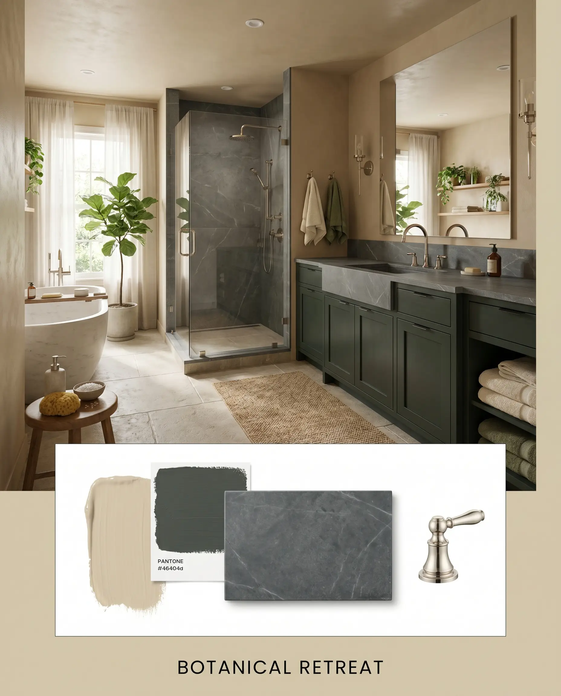 An editorial concept board showcases a restorative bathroom with blackened green cabinetry, alongside a mid-tone tan paint swatch, honed soapstone, and polished nickel.
