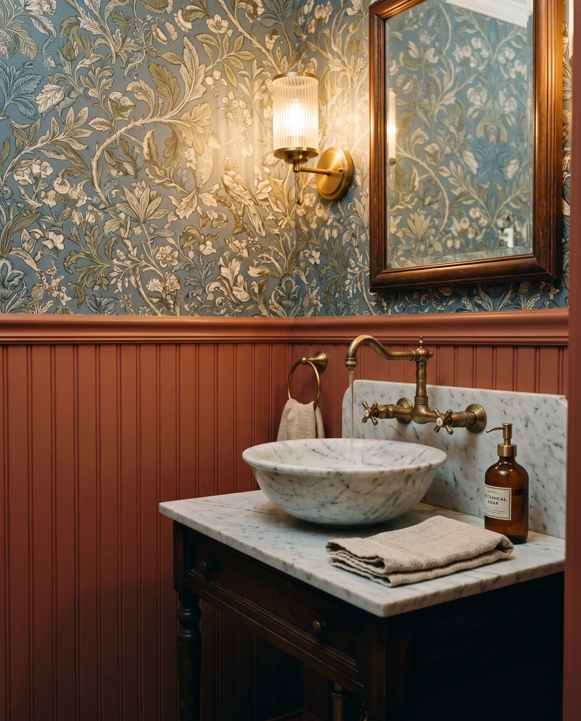A fluted glass sconce casts a warm glow against PPG Emberglo beadboard, botanical toile wallpaper, a marble basin, and an unlacquered brass faucet.